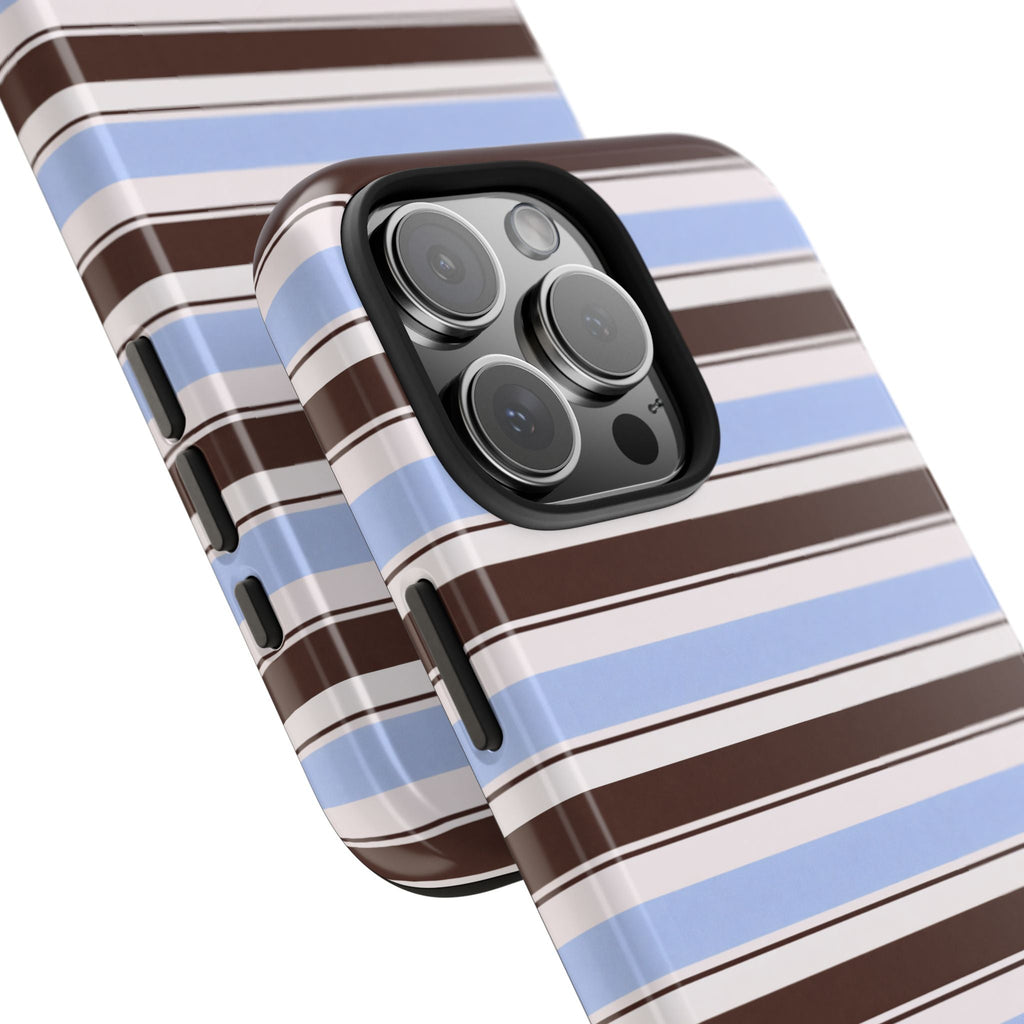 Cambridge stripes phone case angled view, blue and brown stripes with raised camera bump