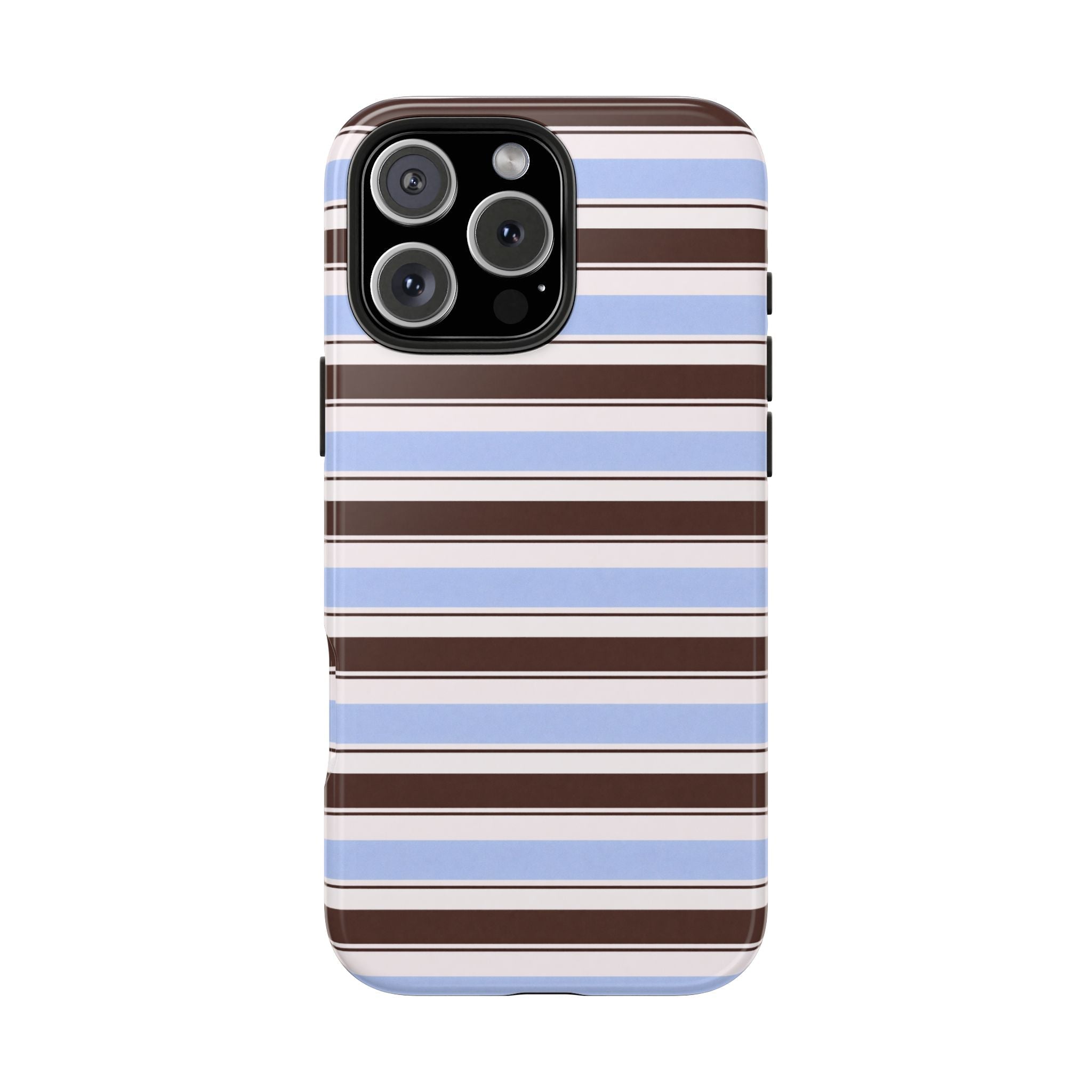 Cambridge stripes phone case, blue-and-brown stripes and black camera frame