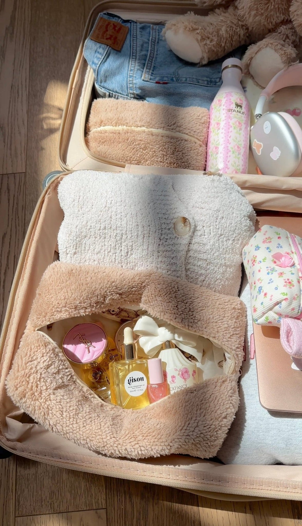 Camel teddy bear sherpa pouch open flat, roomy interior