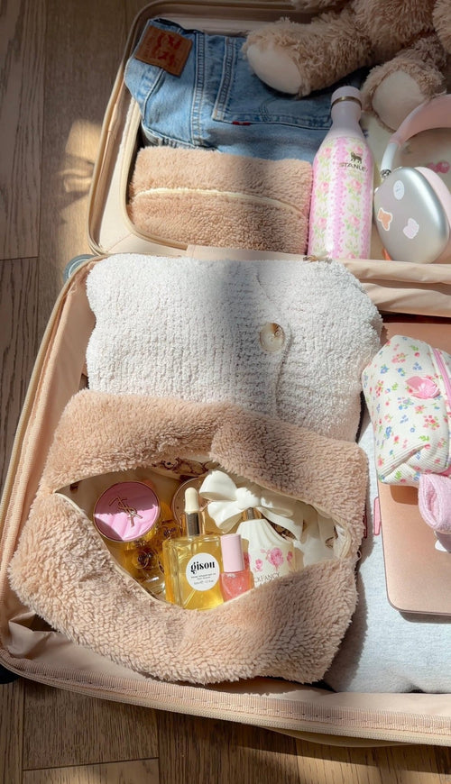 Camel teddy bear sherpa pouch open flat, roomy interior