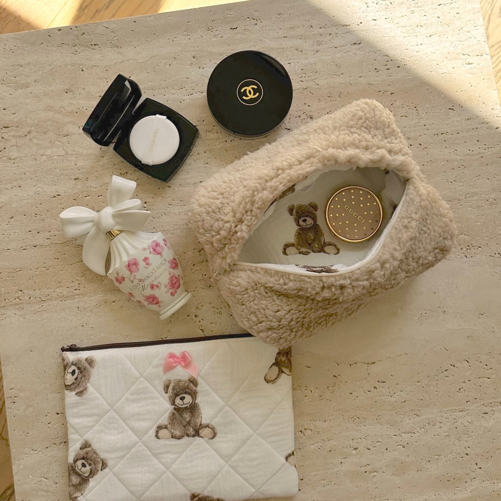 Camel teddy bear sherpa pouch with zipper opening and stitched bear patch inside