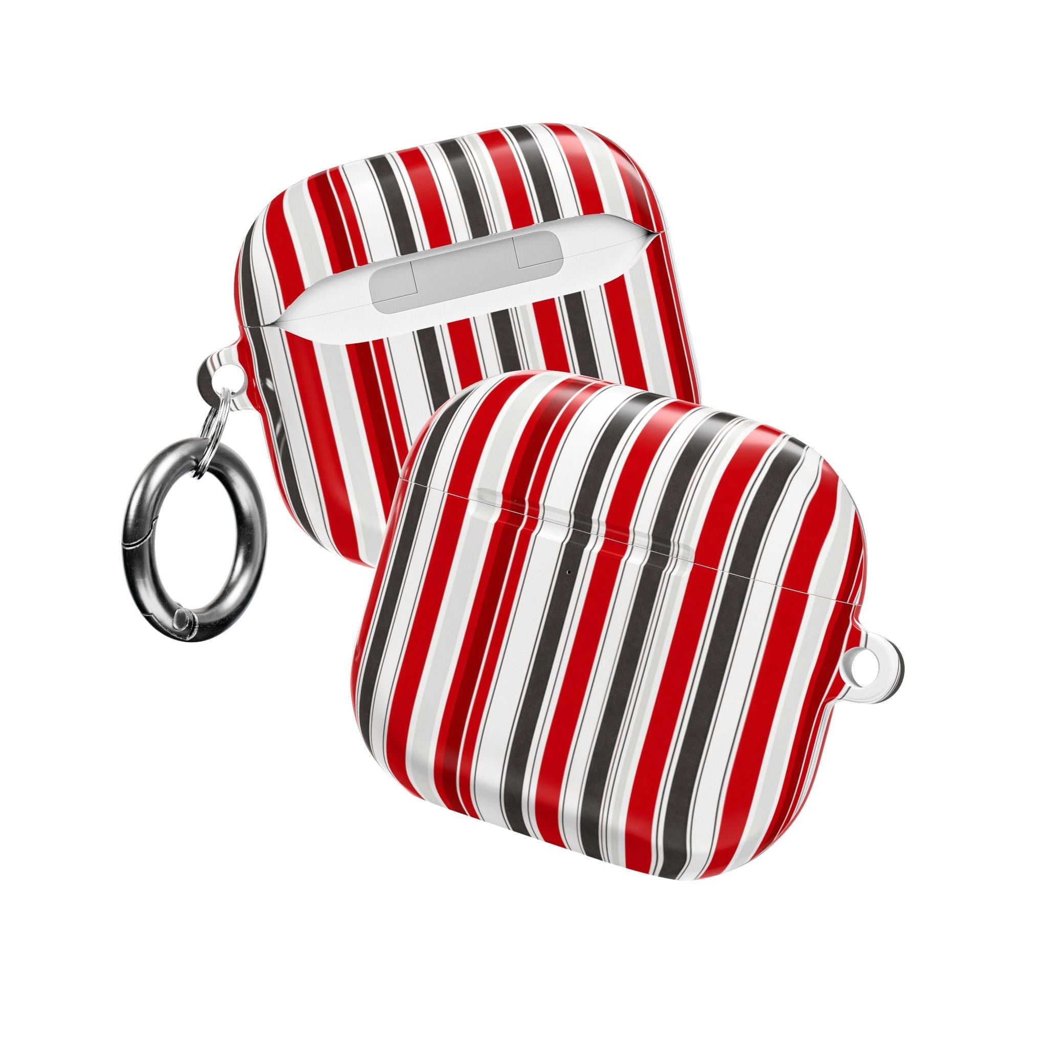 AirPods case with red-white-black vertical stripes, earbuds and metal keyrings