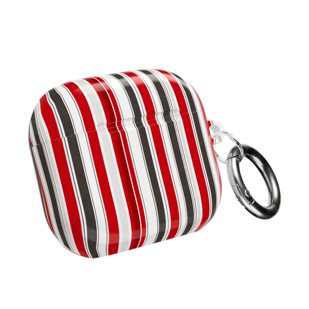 AirPods case with red-white-black vertical stripes, closed lid, metal keyring