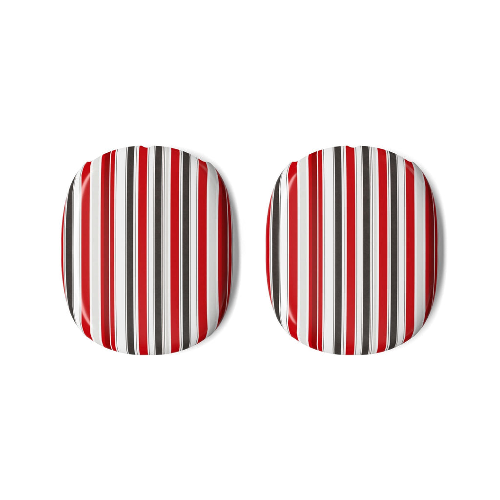 Round earcup covers with red, white, and gray vertical stripe pattern