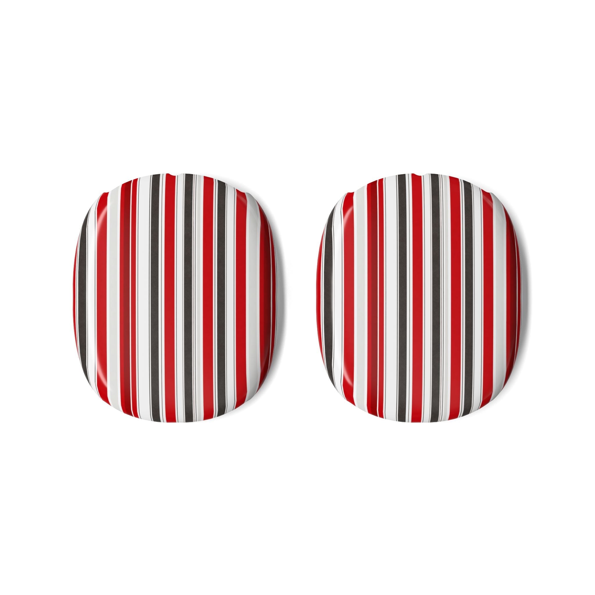 Round earcup covers with red, white, and gray vertical stripe pattern