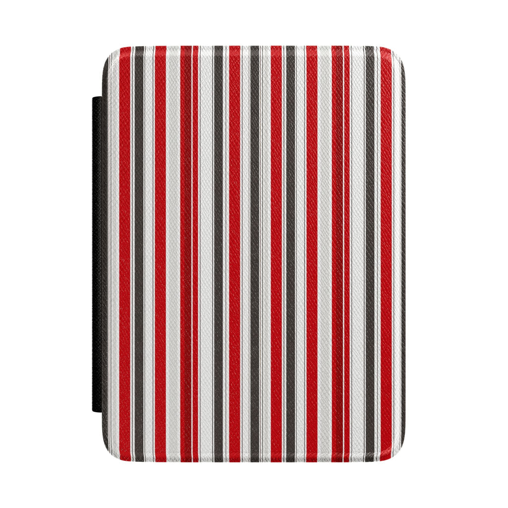 Hardcover Kindle case with vertical red, white, and gray stripes and black side cover