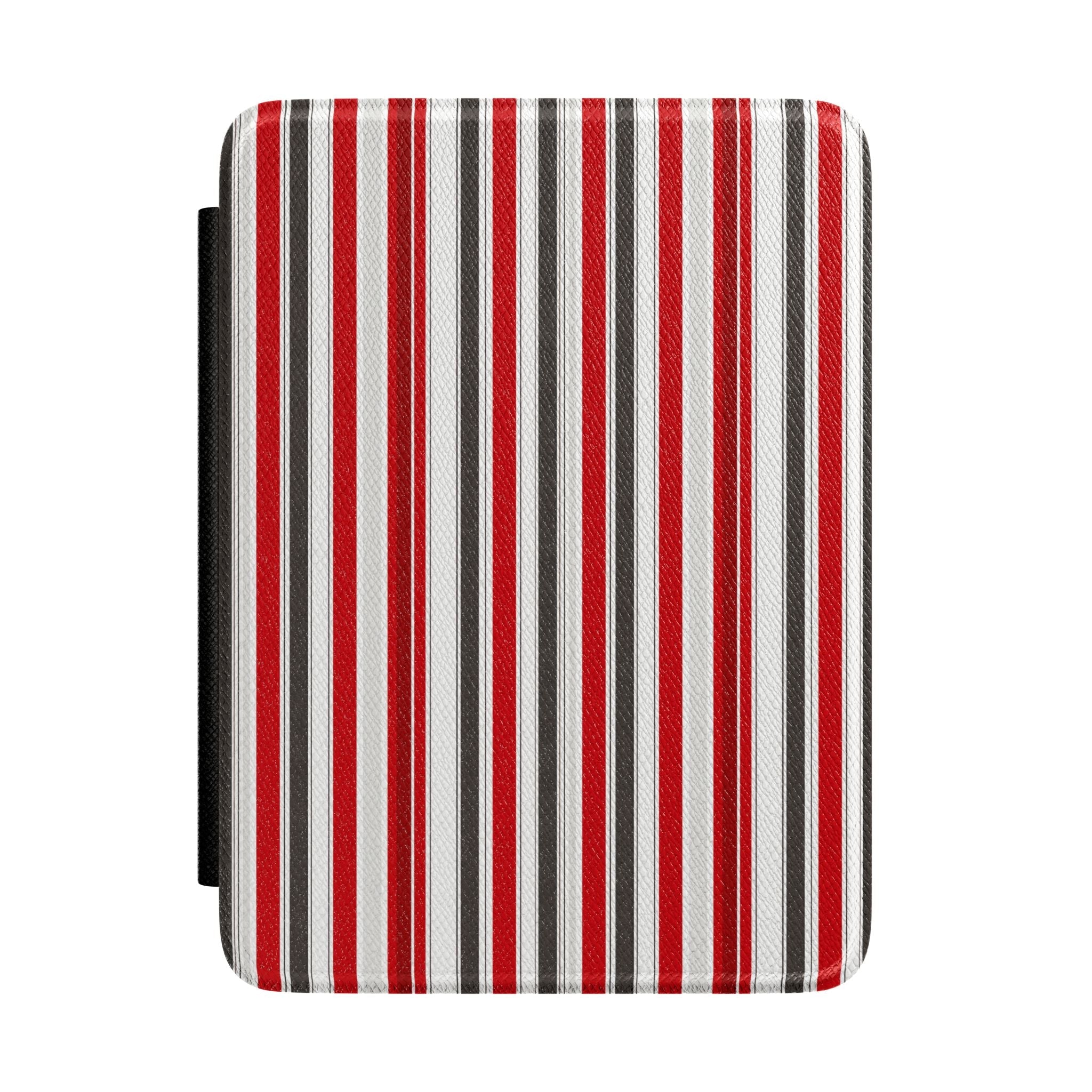 Hardcover Kindle case with vertical red, white, and gray stripes and black side cover