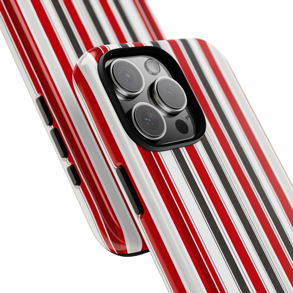 Canada stripes phone case, angled view showing red/white vertical stripes and camera lenses