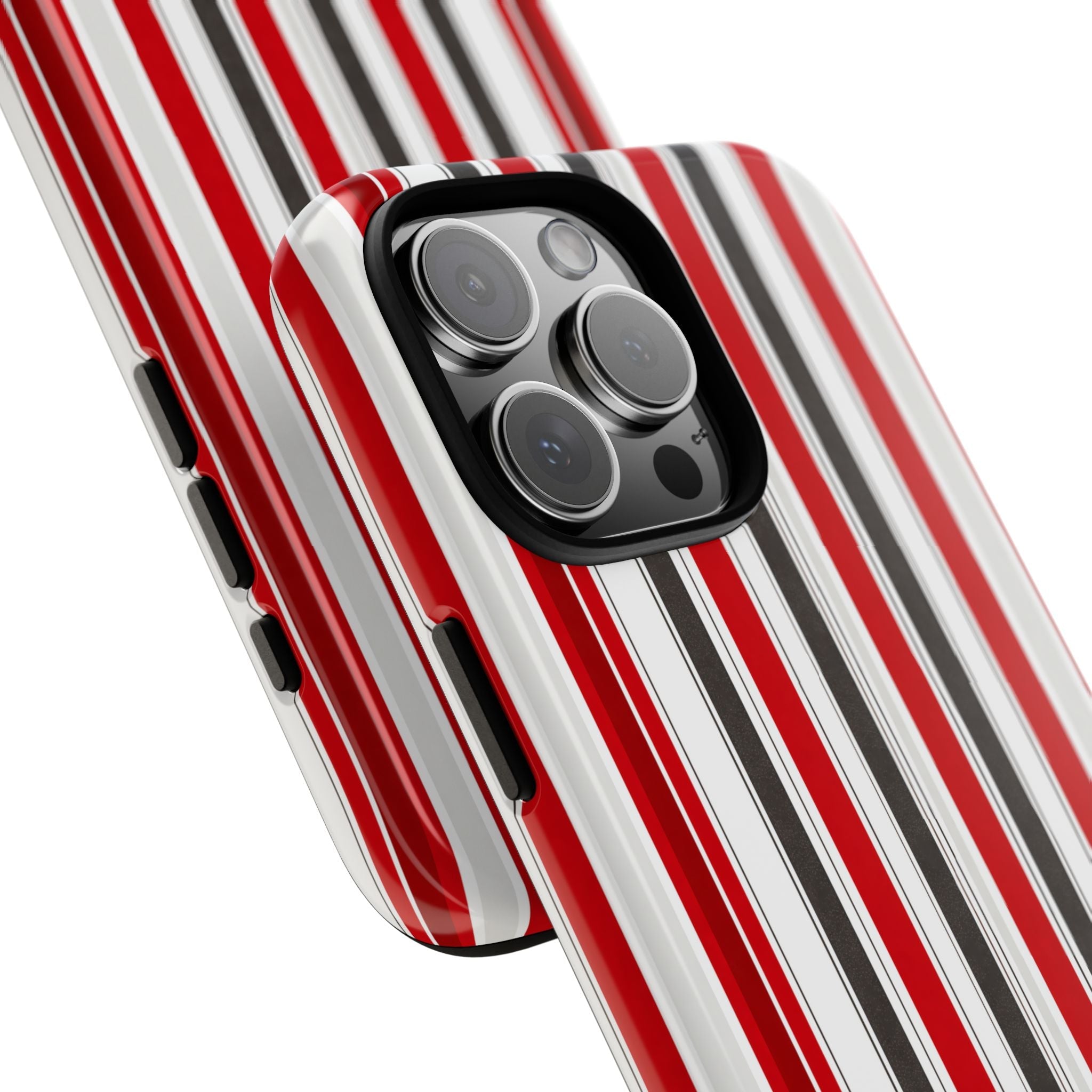 Canada stripes phone case, angled view showing red/white vertical stripes and camera lenses