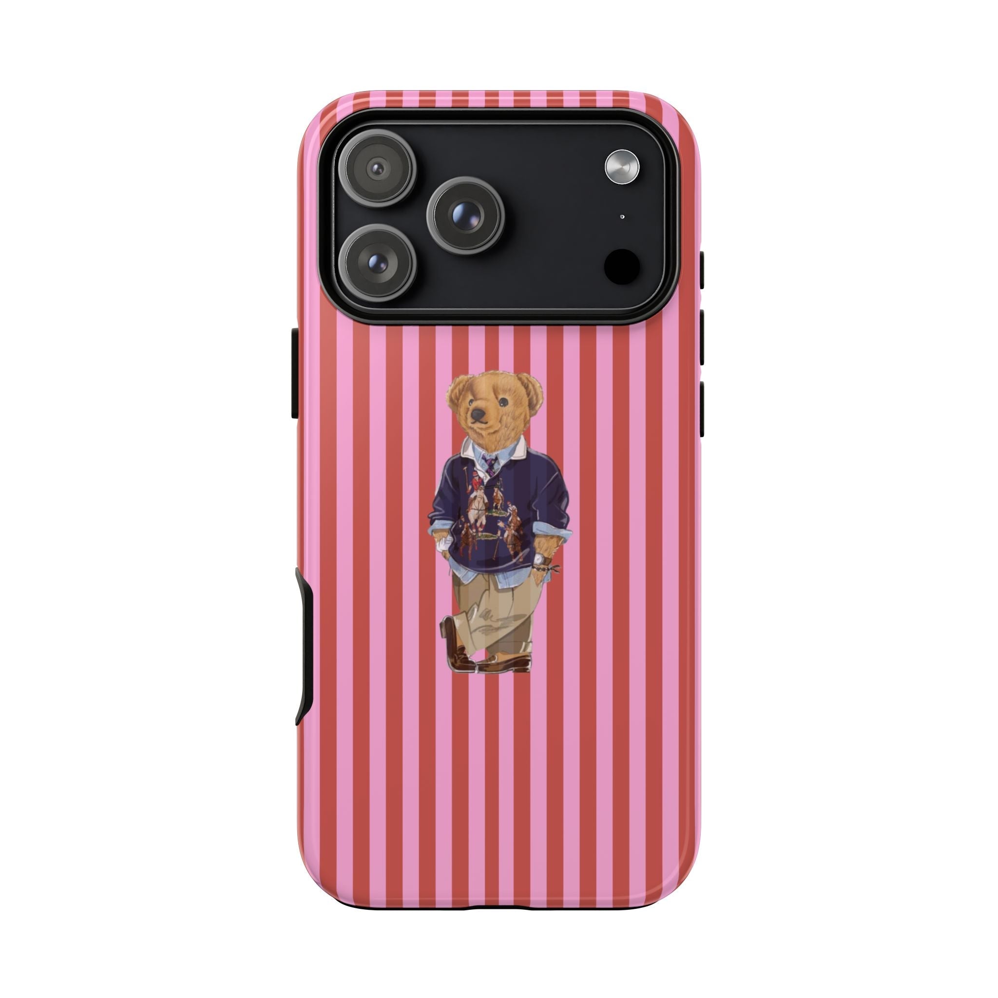 Pink-and-red striped phone case with teddy bear graphic on back and camera cutout