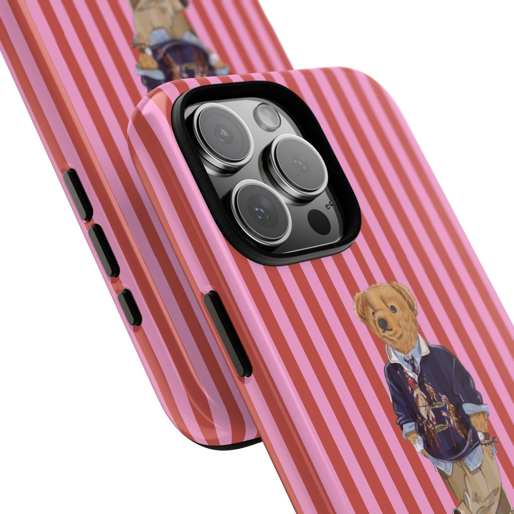 Angled side view of pink-and-red candy cane stripe phone case with teddy bear design