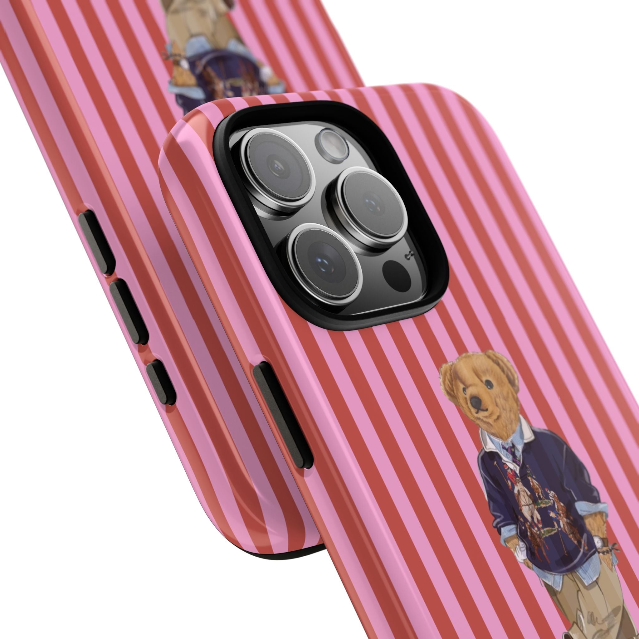 Angled side view of pink-and-red candy cane stripe phone case with teddy bear design