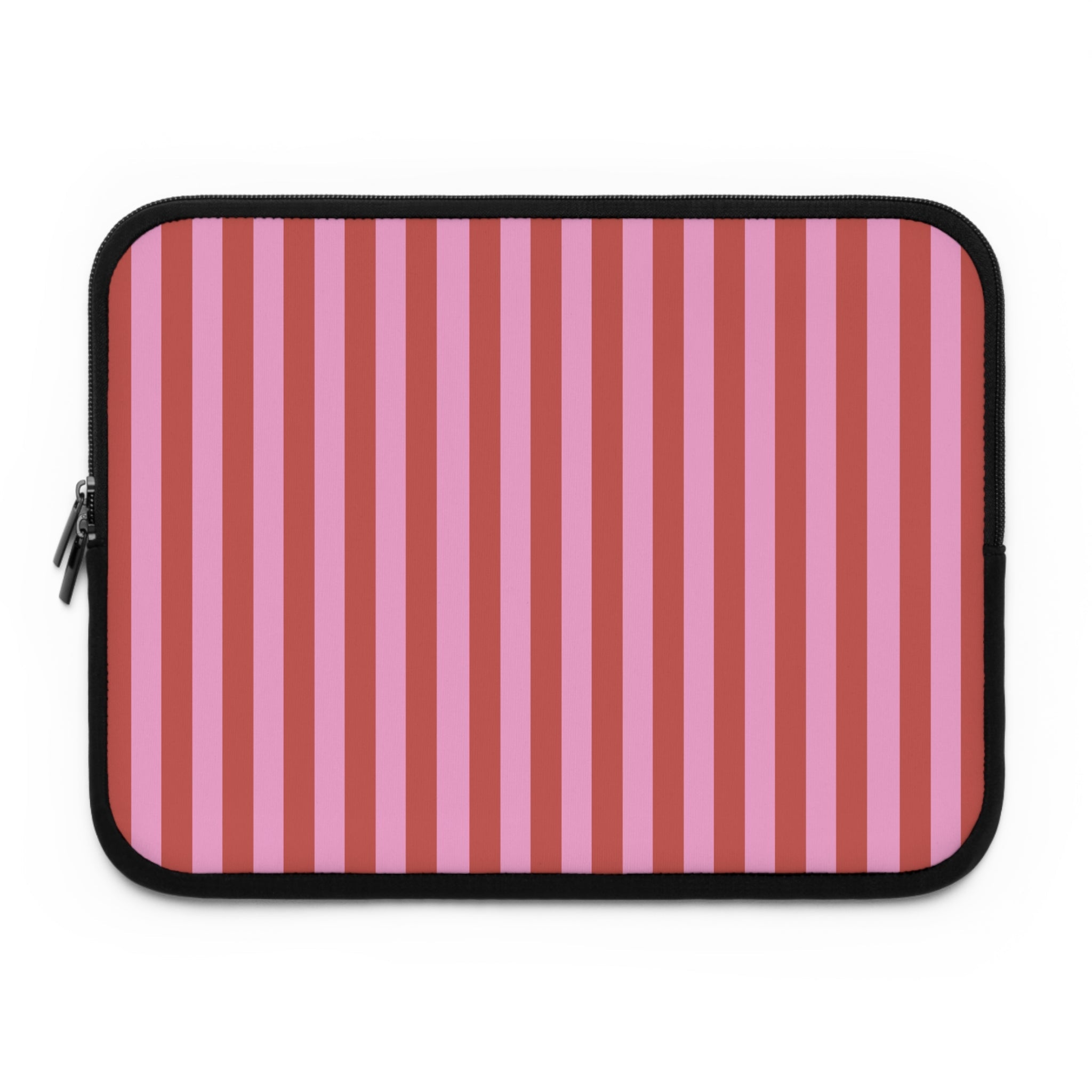 Candy cane striped neoprene sleeve pouch with black border and front zipper