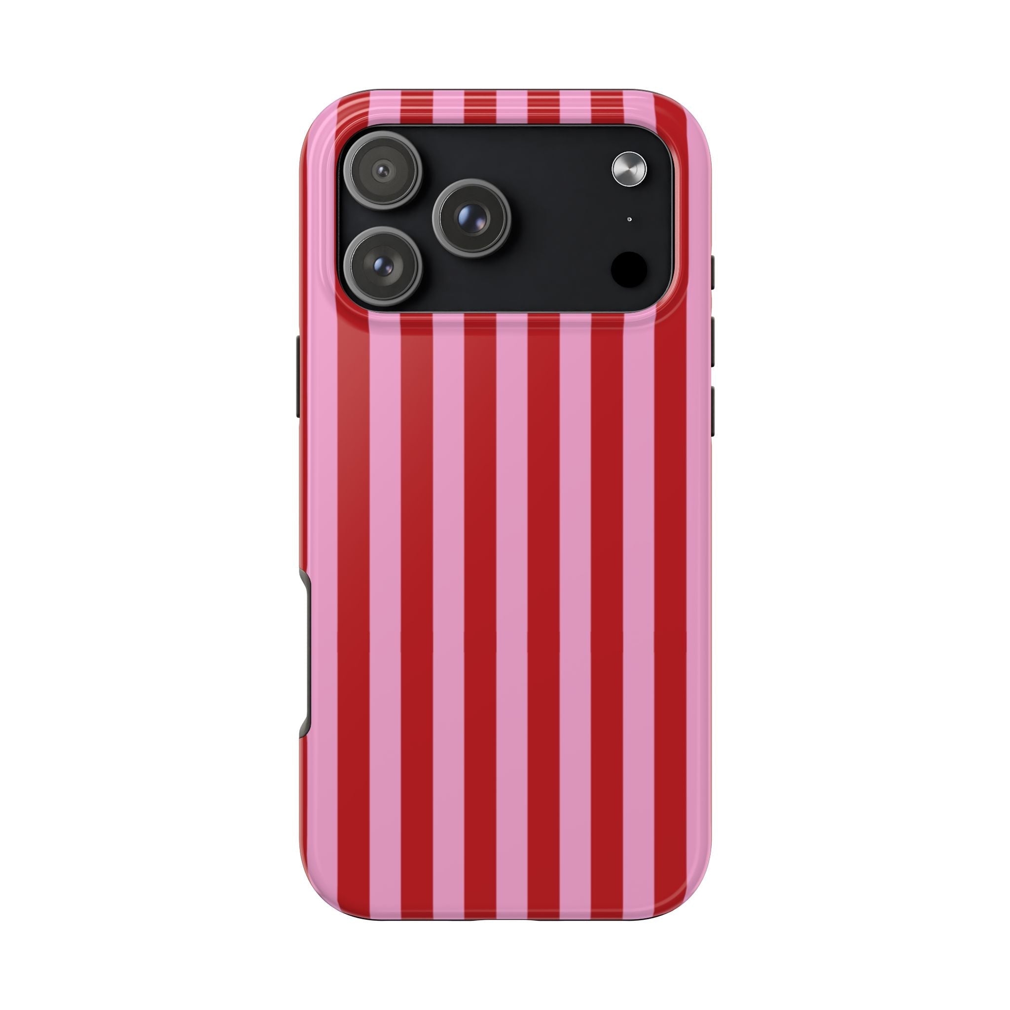 Candy cane striped phone case, pink and red vertical stripes with raised camera area