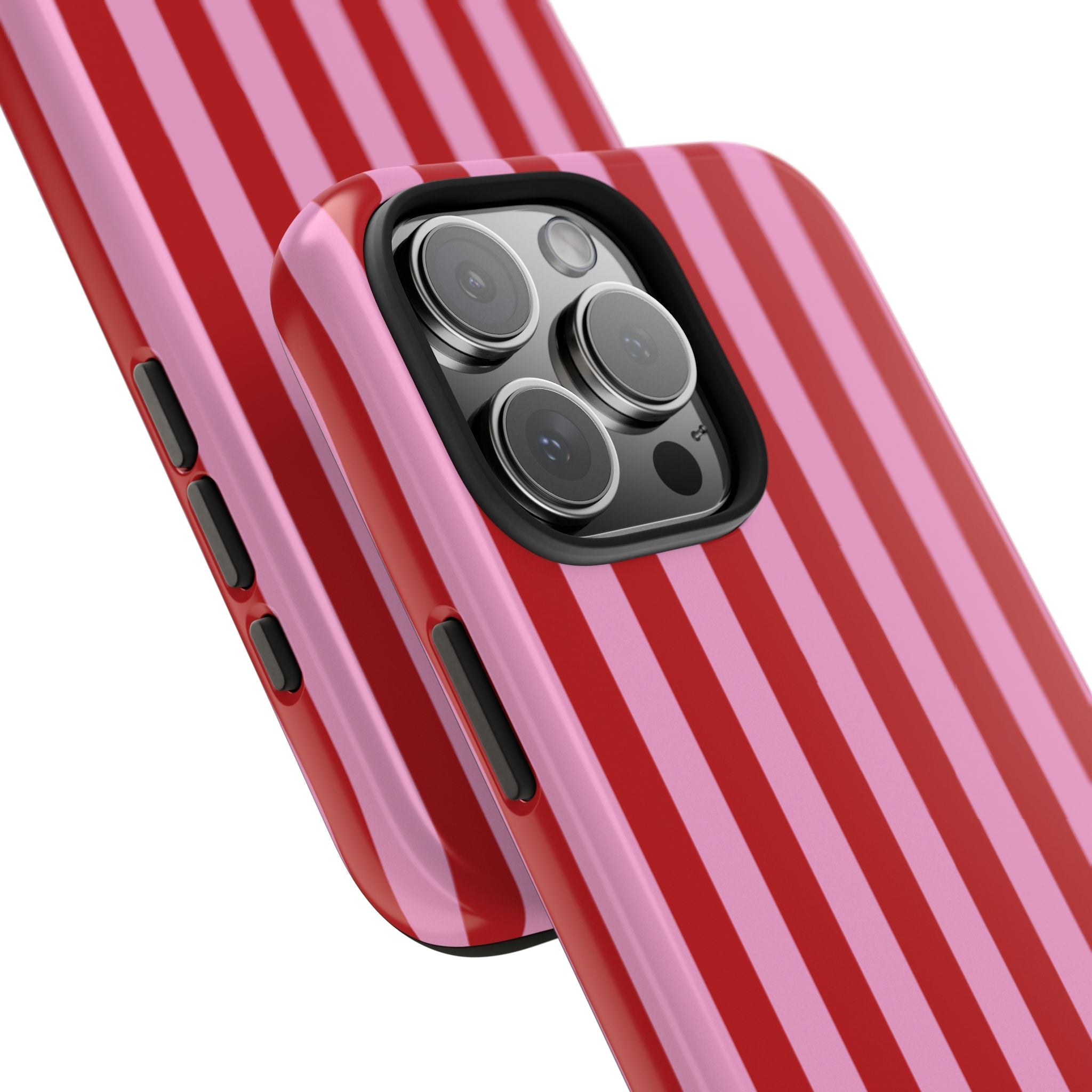 Candy cane striped phone case shown at angle, pink and red vertical stripes