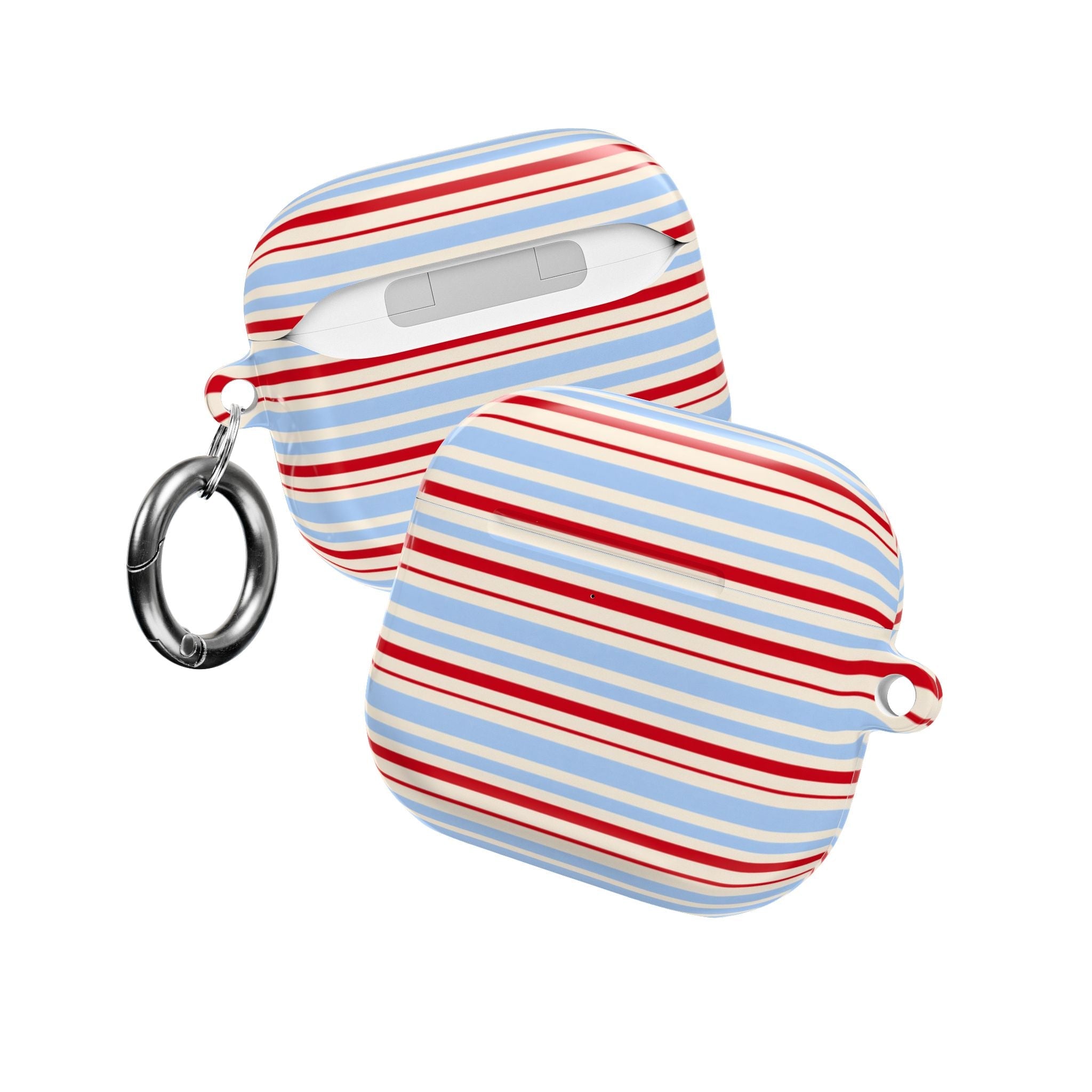 Stripped AirPods case with carabiner ring, red and light blue stripes on white