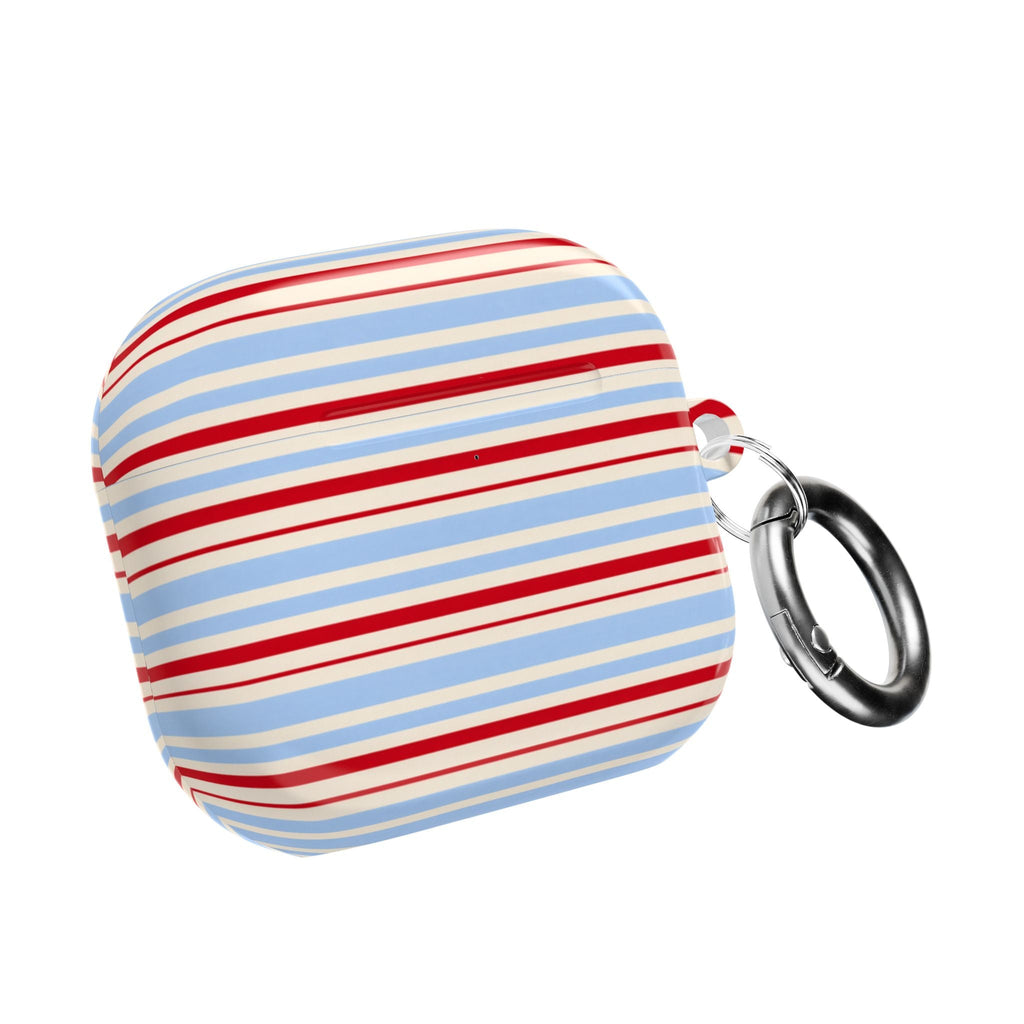 Stripe AirPods case with keyring, red and blue horizontal stripes on white
