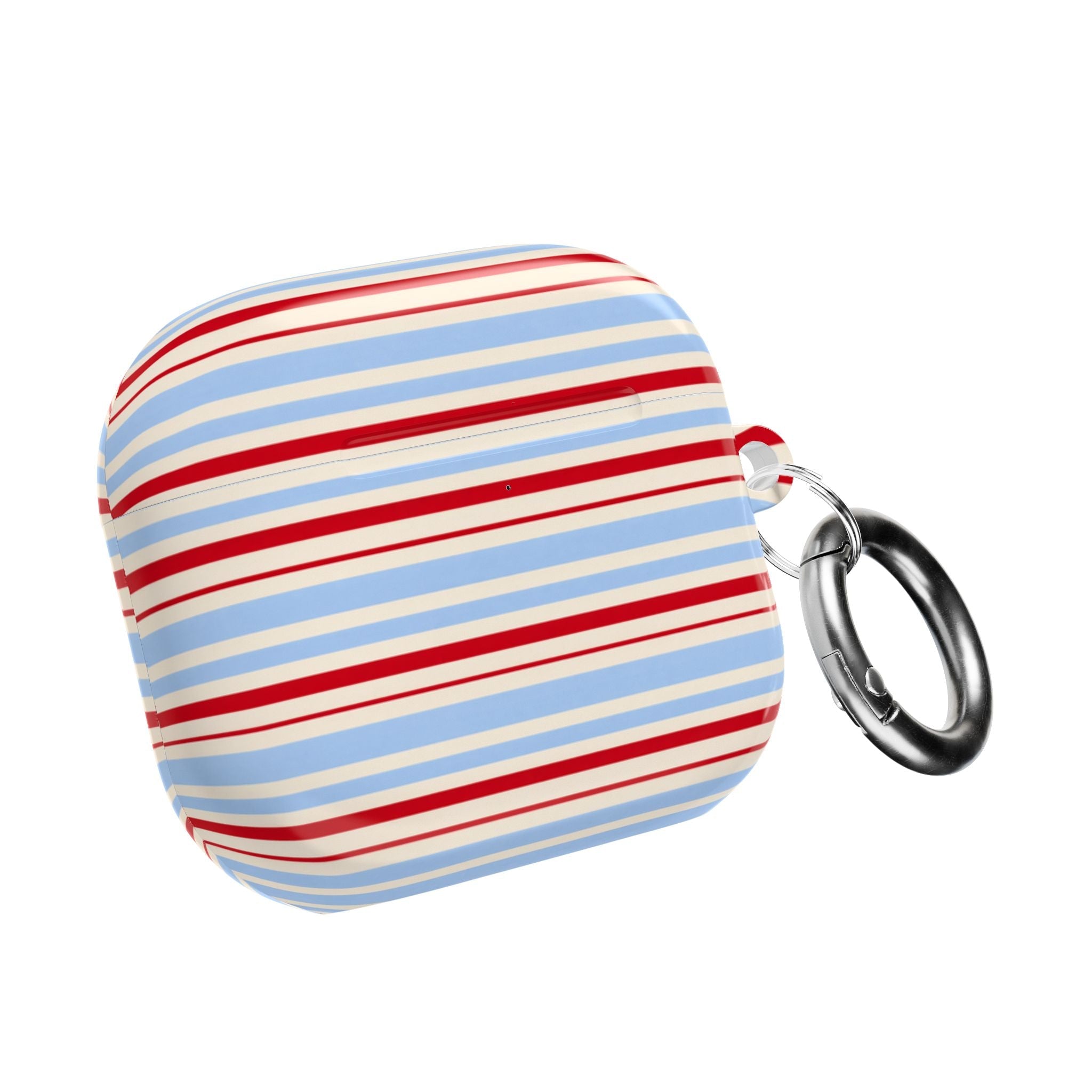Stripe AirPods case with keyring, red and blue horizontal stripes on white