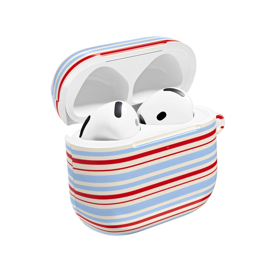 Candy Coast striped AirPods case, red and light blue stripes with white shell