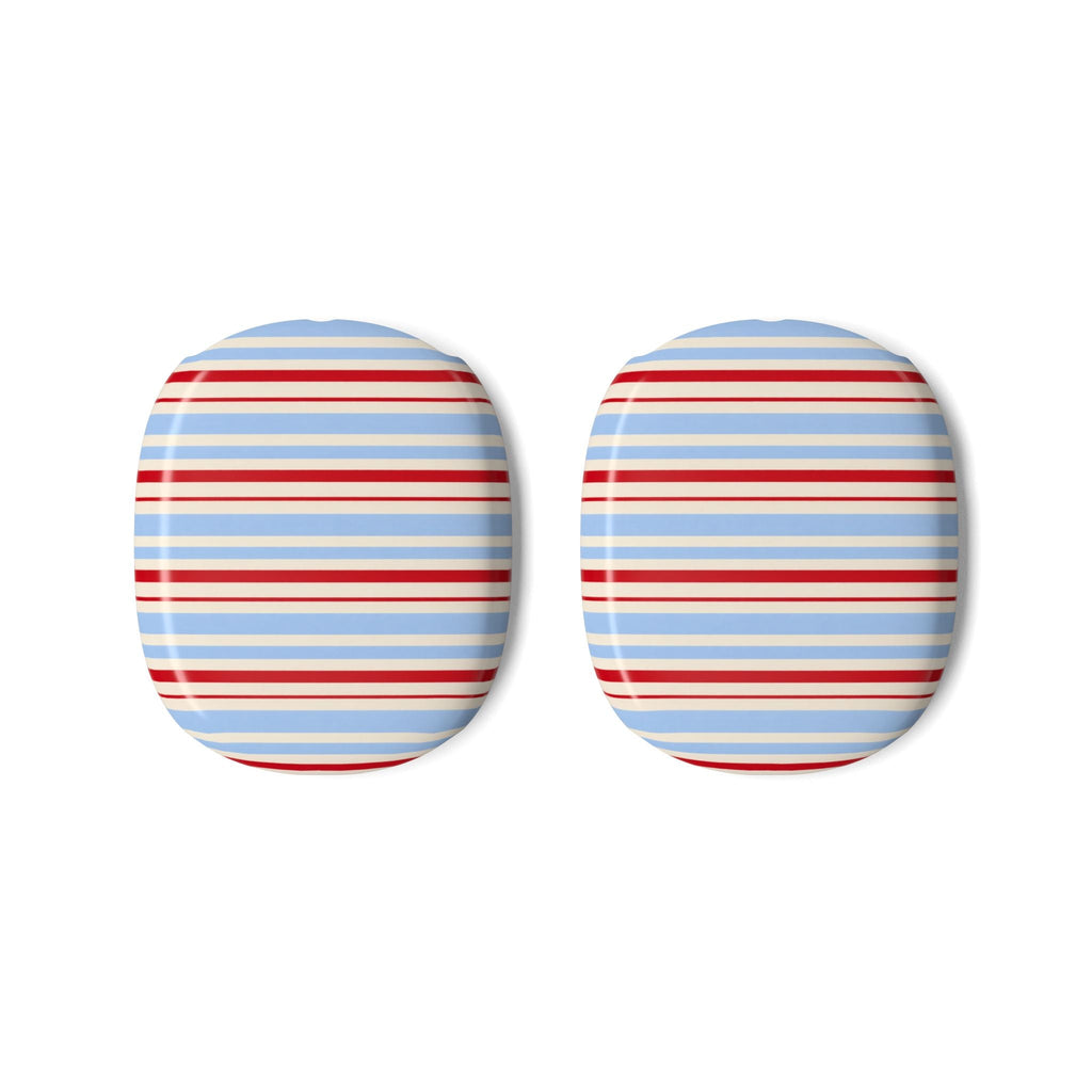 Pair of AirPods Max ear pad covers with red, blue, and white horizontal candy stripes