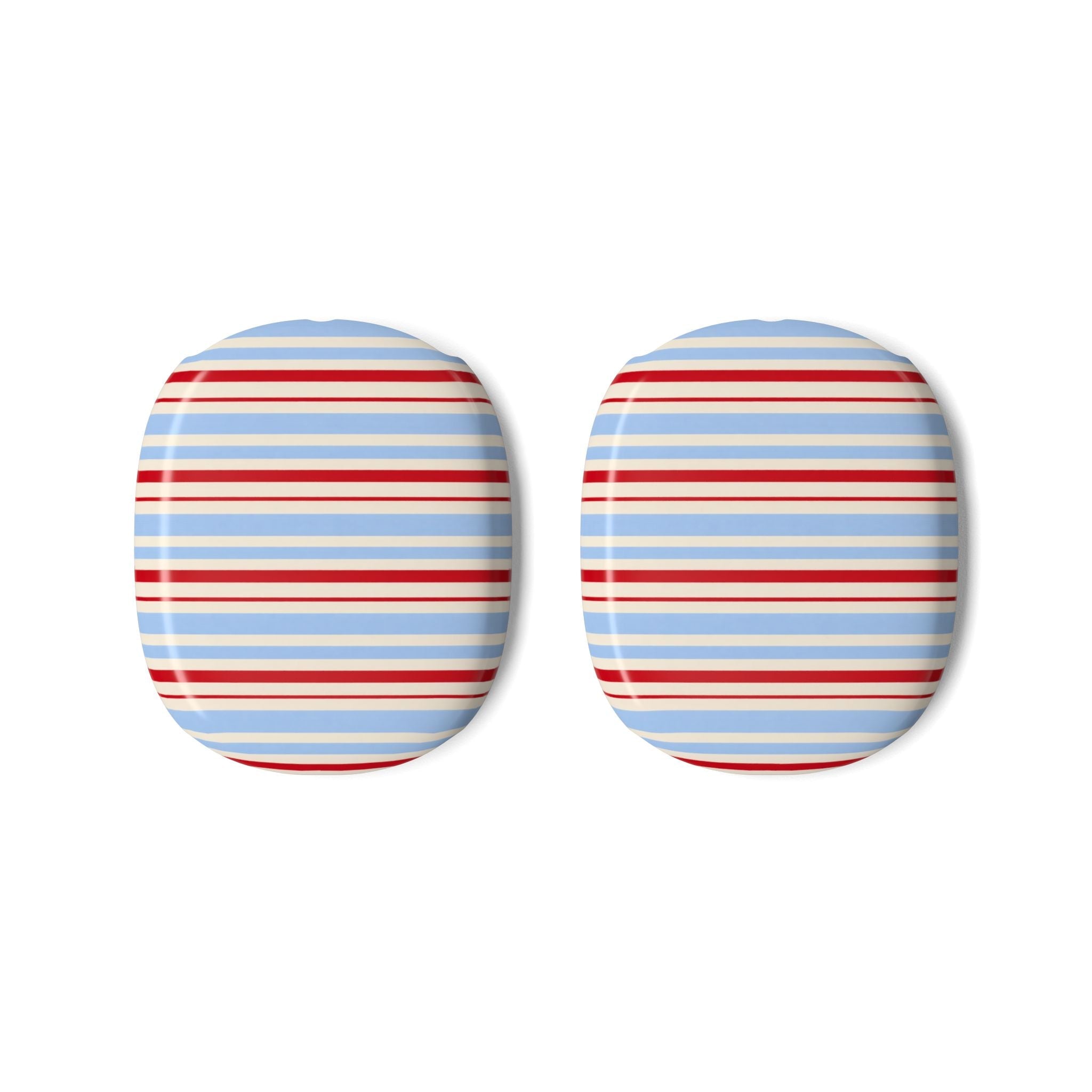 Pair of AirPods Max ear pad covers with red, blue, and white horizontal candy stripes