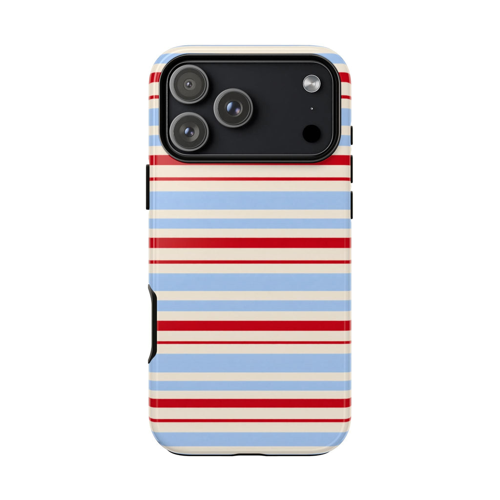 Striped phone case with blue and red horizontal lines, full back cover and side cutouts