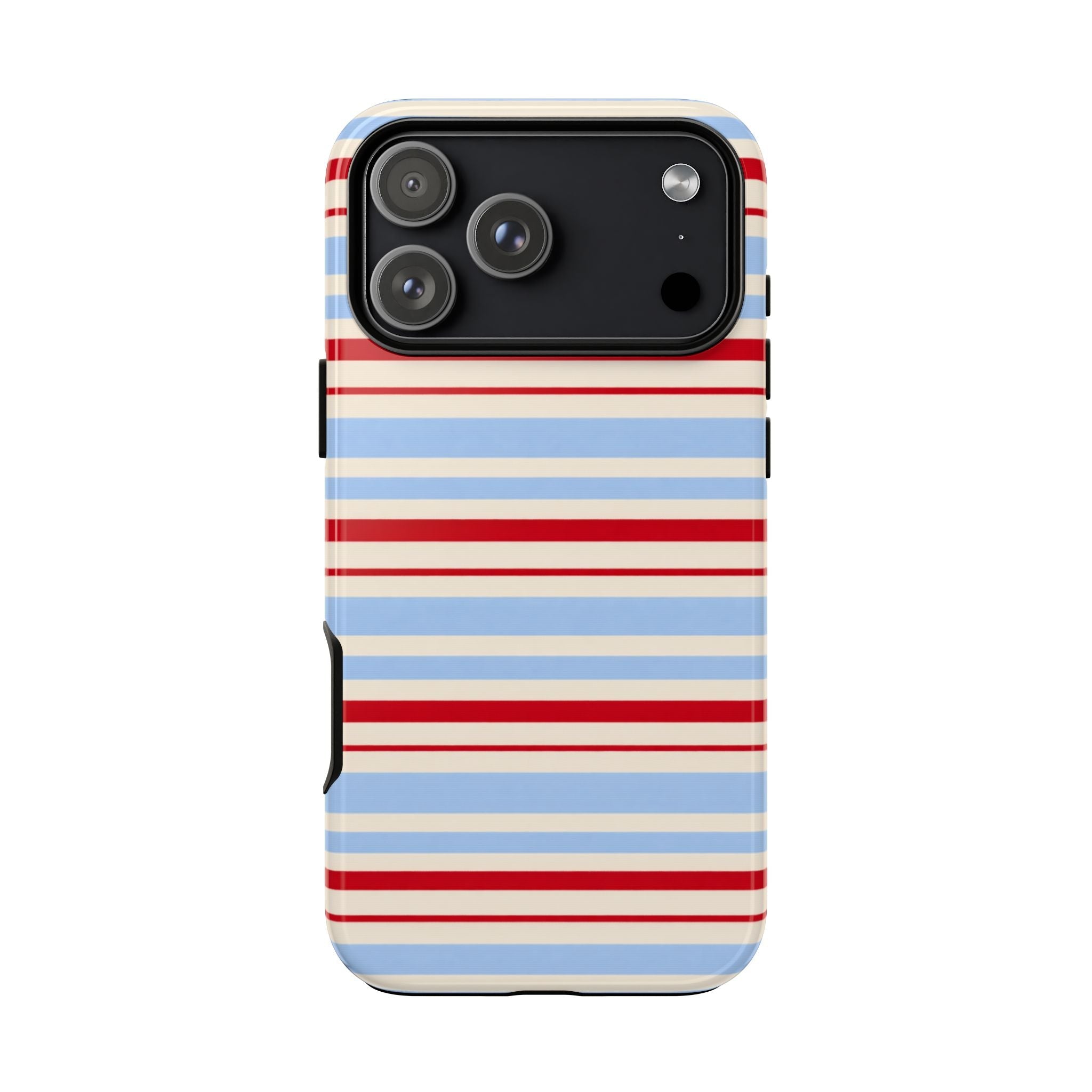 Striped phone case with blue and red horizontal lines, full back cover and side cutouts