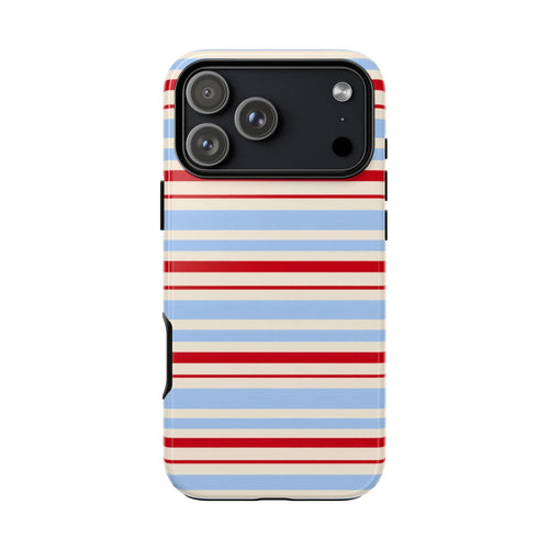 Striped phone case with blue and red horizontal lines, full back cover and side cutouts