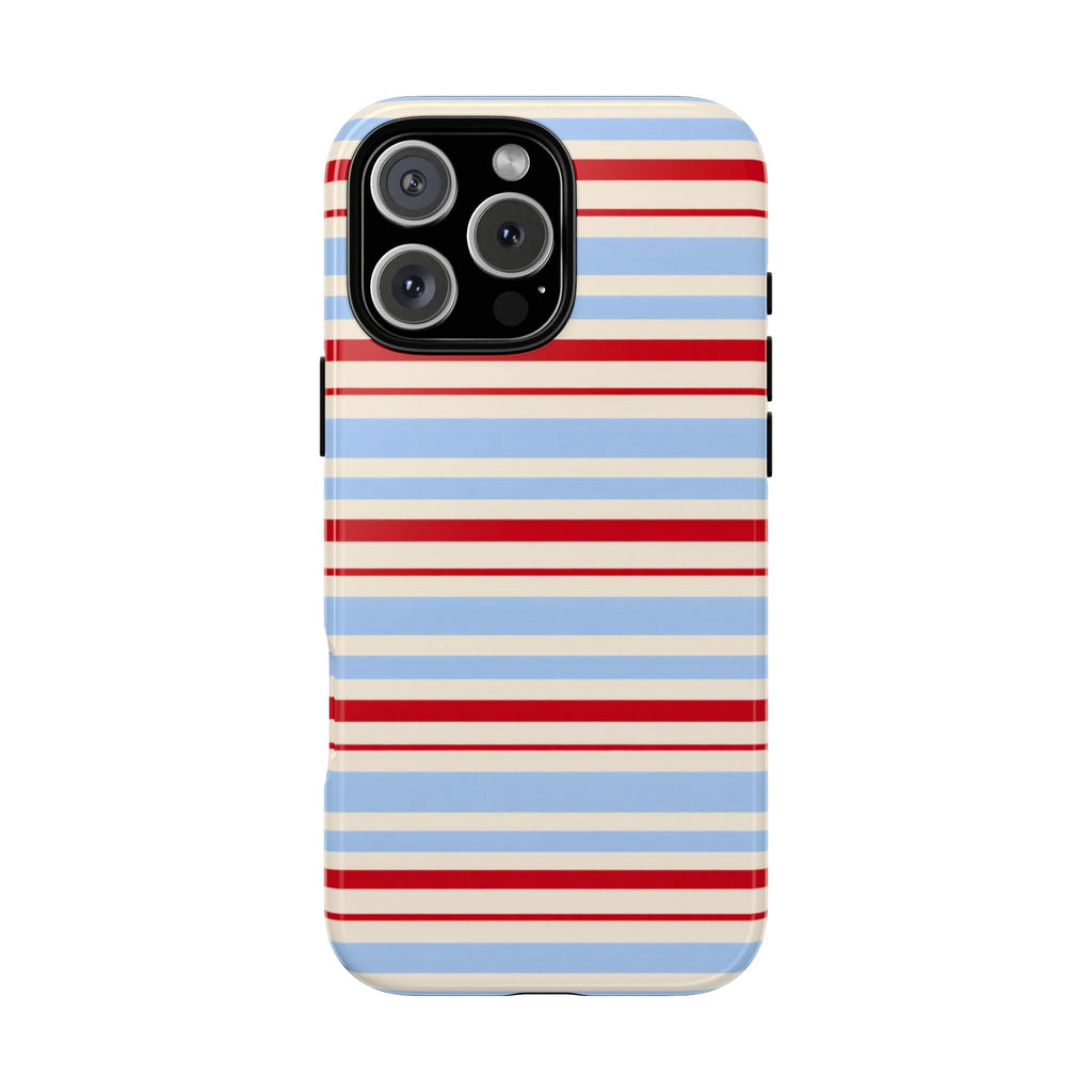 Candy Coast striped phone case in blue and red with camera cutout and black bezel