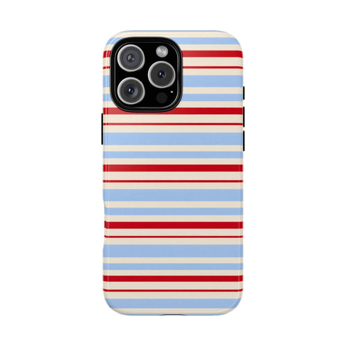 Candy Coast striped phone case in blue and red with camera cutout and black bezel