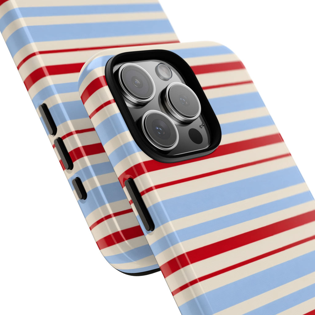Candy Coast striped phone case, blue and red stripes with raised camera lenses protection