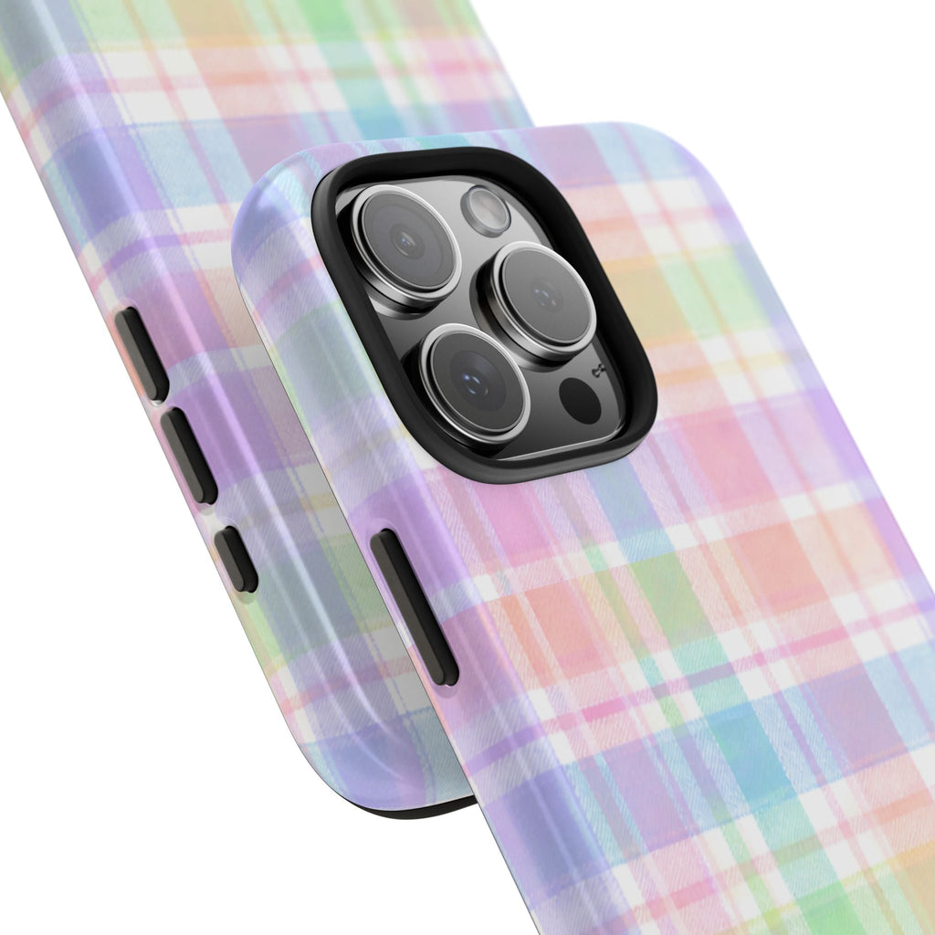 Pastel check plaid flannel phone case with raised camera bumper and side button cutouts