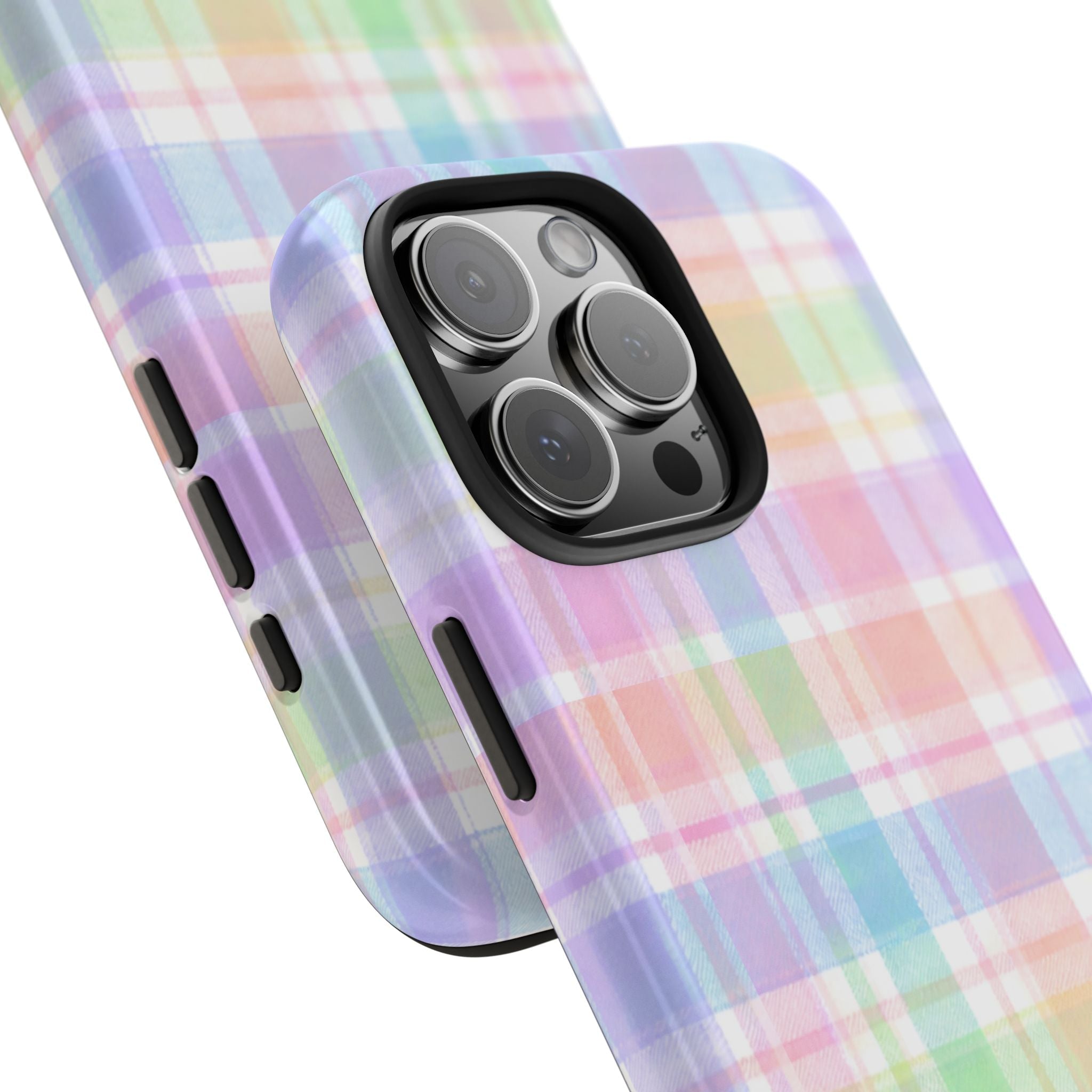 Pastel check plaid flannel phone case with raised camera bumper and side button cutouts