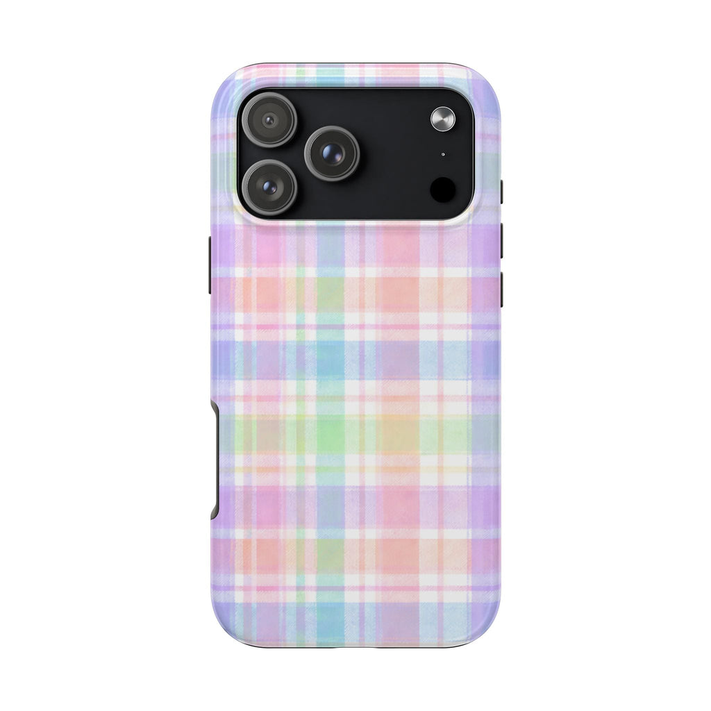 Candy plaid flannel phone case with pastel multi-color check pattern and camera cutouts