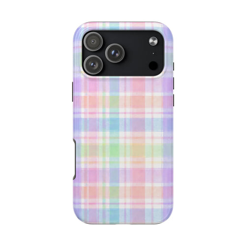 Candy plaid flannel phone case with pastel multi-color check pattern and camera cutouts