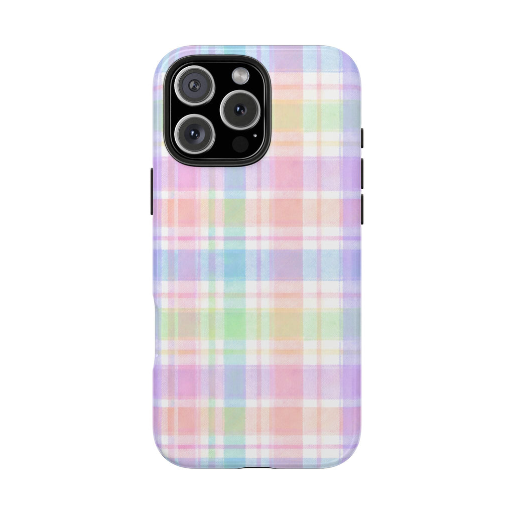 Pastel plaid flannel phone case with multicolor check pattern and rear camera cutout