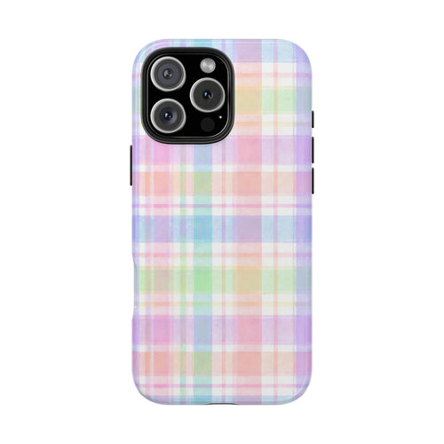 Pastel plaid flannel phone case with multicolor check pattern and rear camera cutout