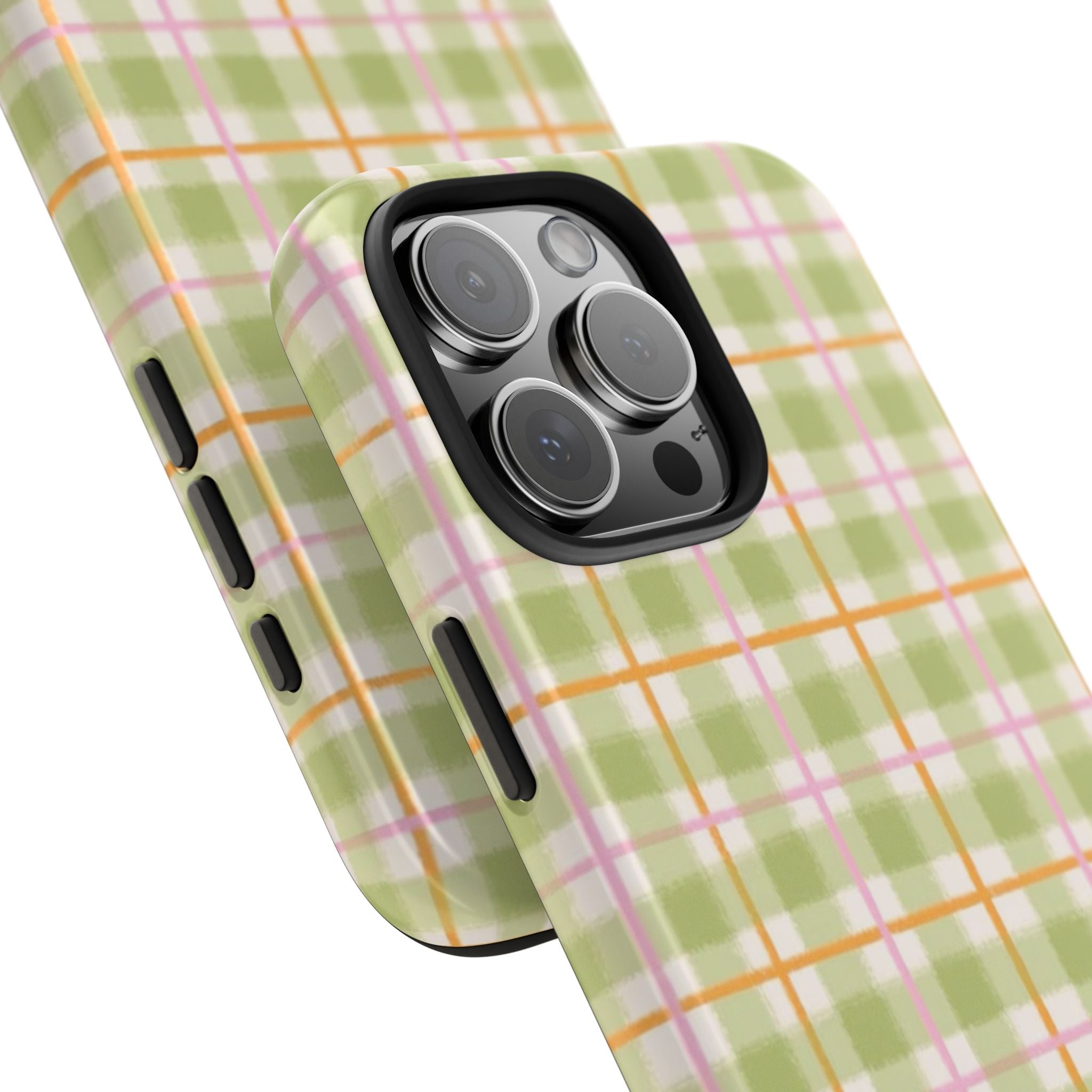 Plaid phone case in green with orange and pink lines; raised camera protection and cutouts