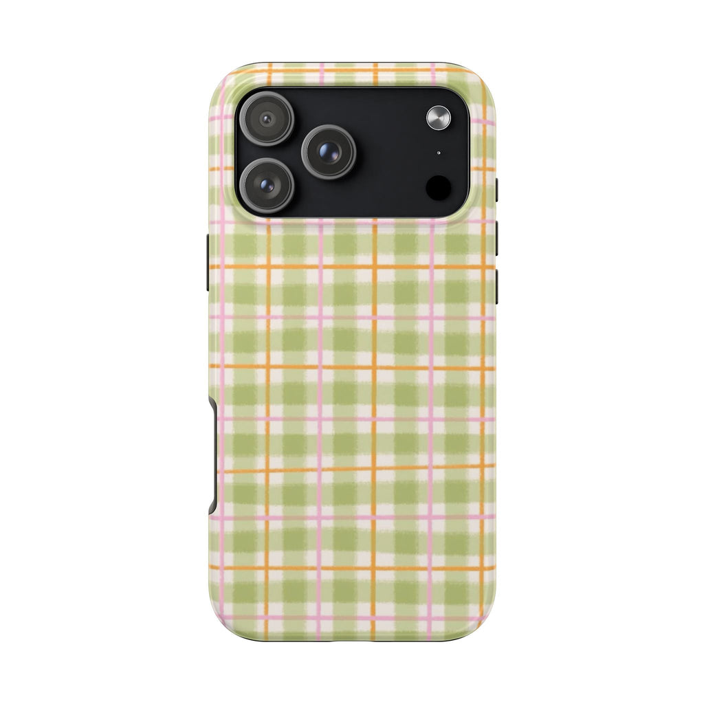 Cantaloupe plaid phone case with green base, orange and pink grid pattern, camera cutouts