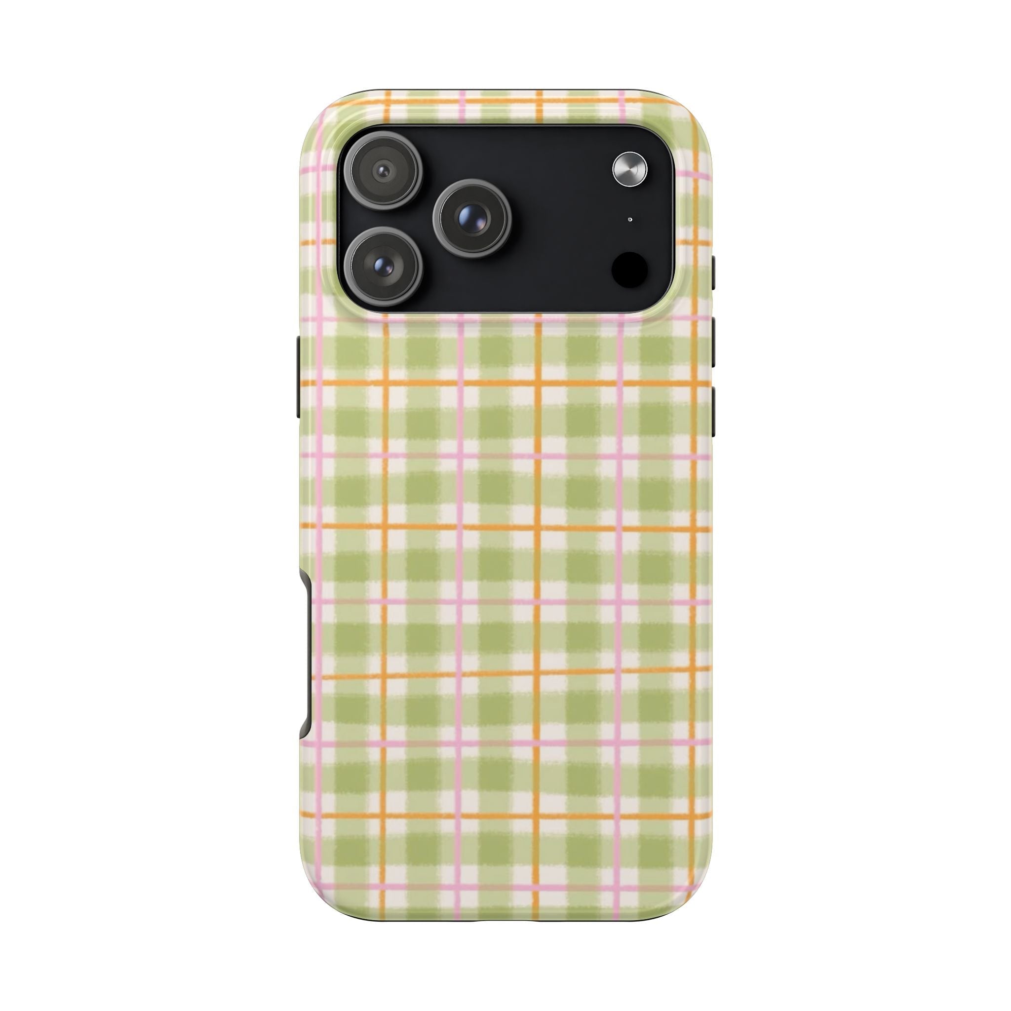 Cantaloupe plaid phone case with green base, orange and pink grid pattern, camera cutouts