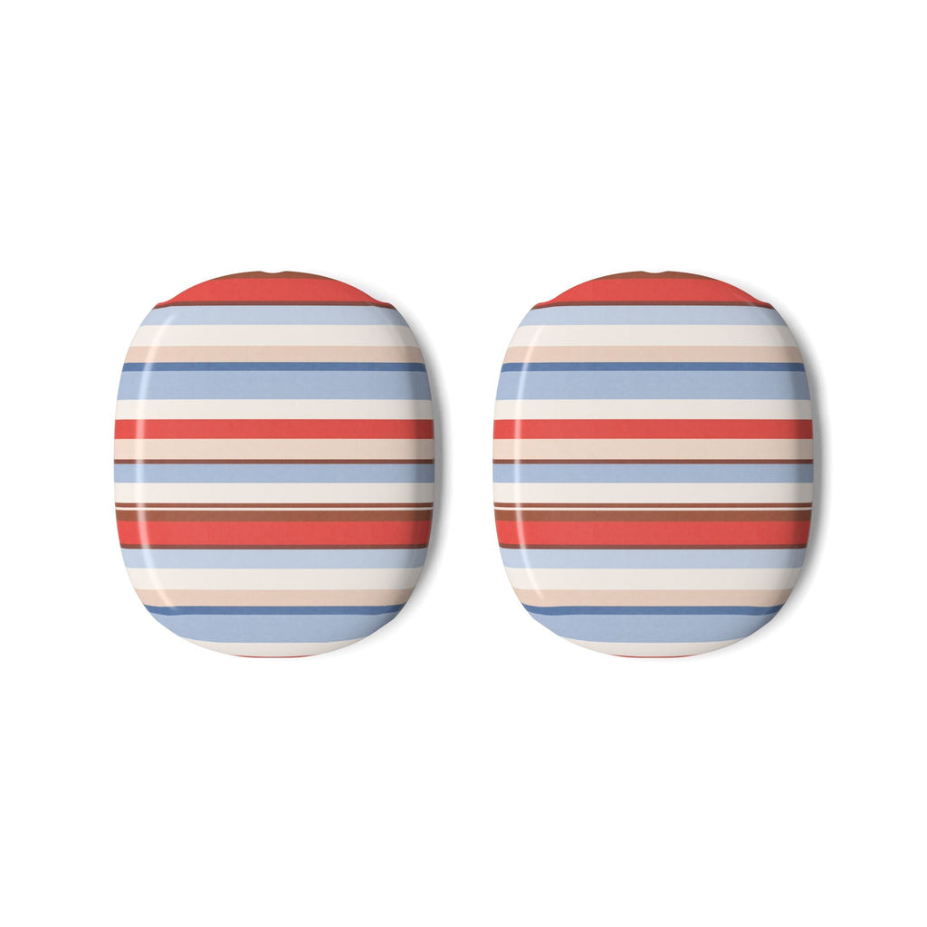 Pair of ear cup covers with red, blue, and tan horizontal stripes and red top