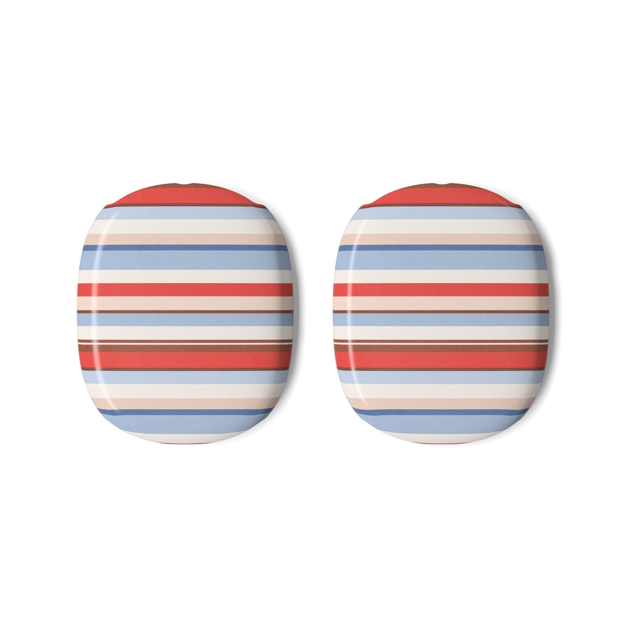 Pair of ear cup covers with red, blue, and tan horizontal stripes and red top