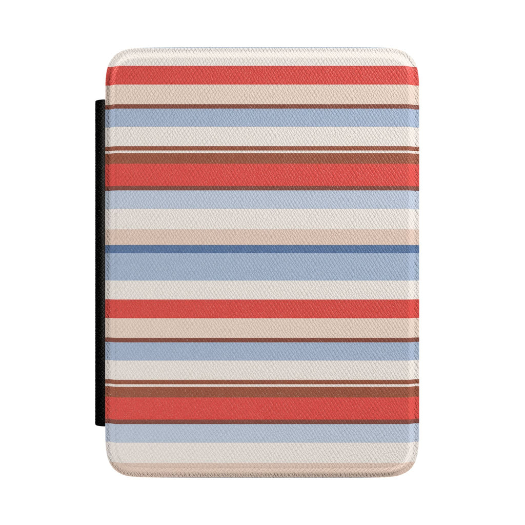 Hardcover Kindle case with red, blue, and beige horizontal stripes