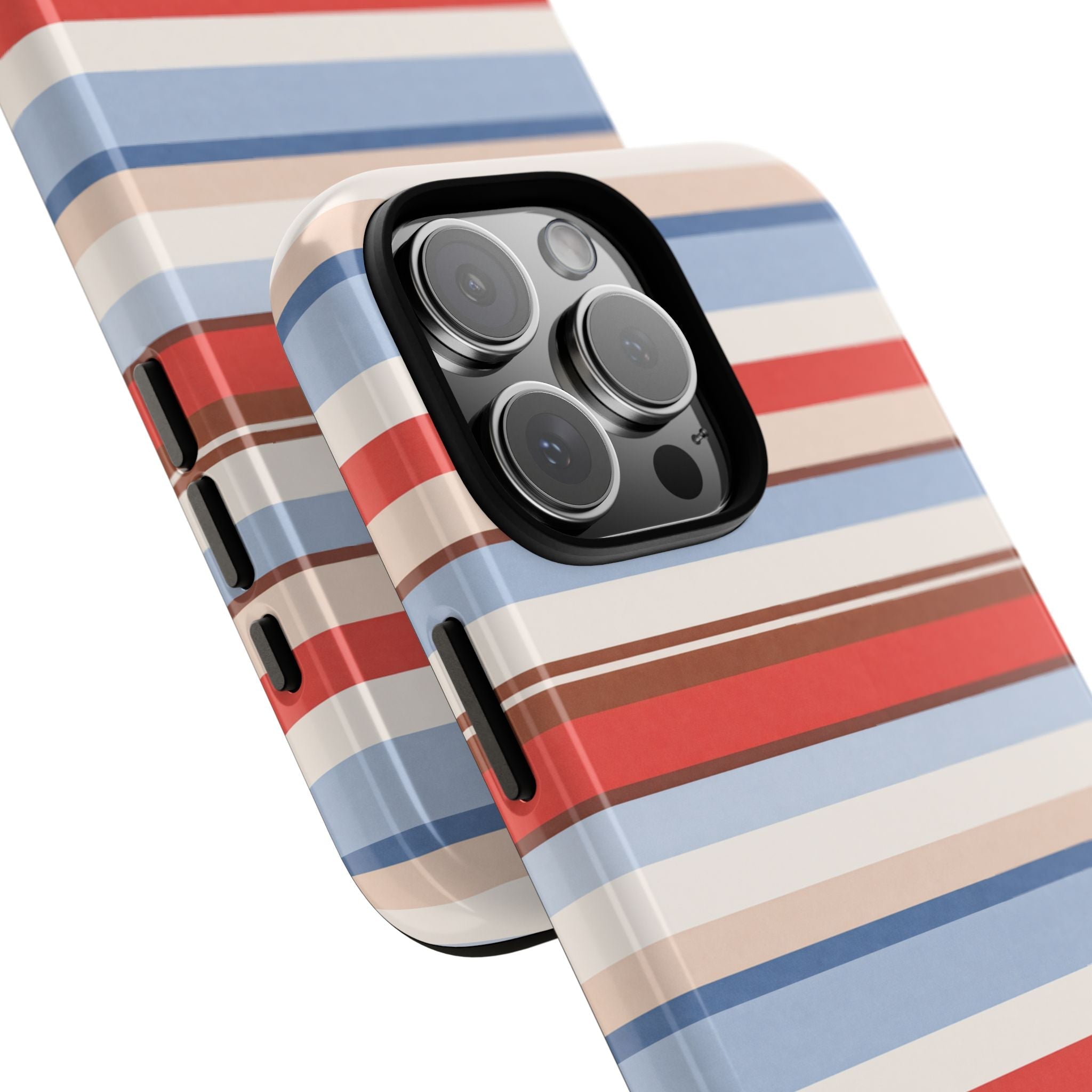 Close-up: red, blue, and cream striped phone case with raised camera rings