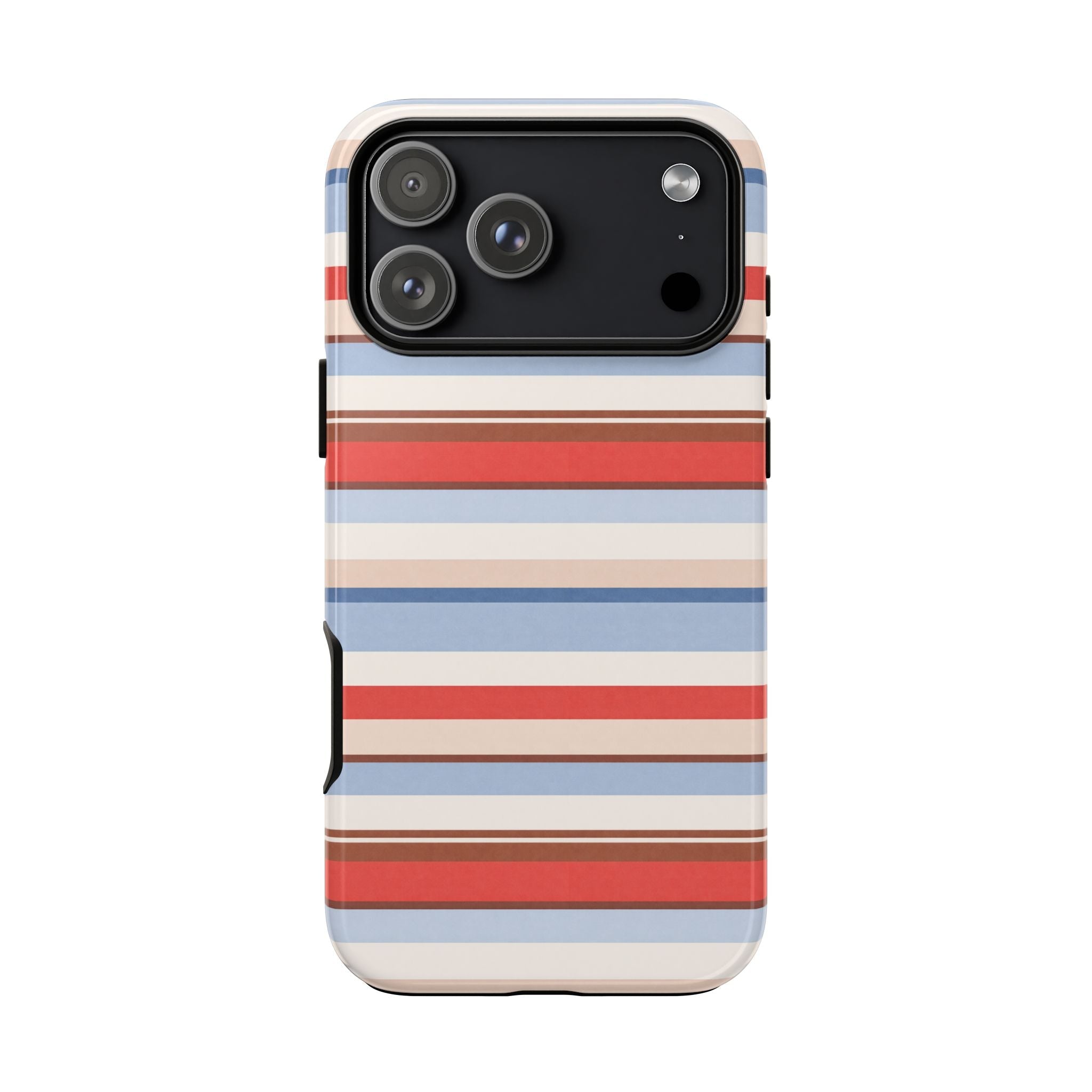 Red, blue, and cream horizontal striped phone case with camera cutout area