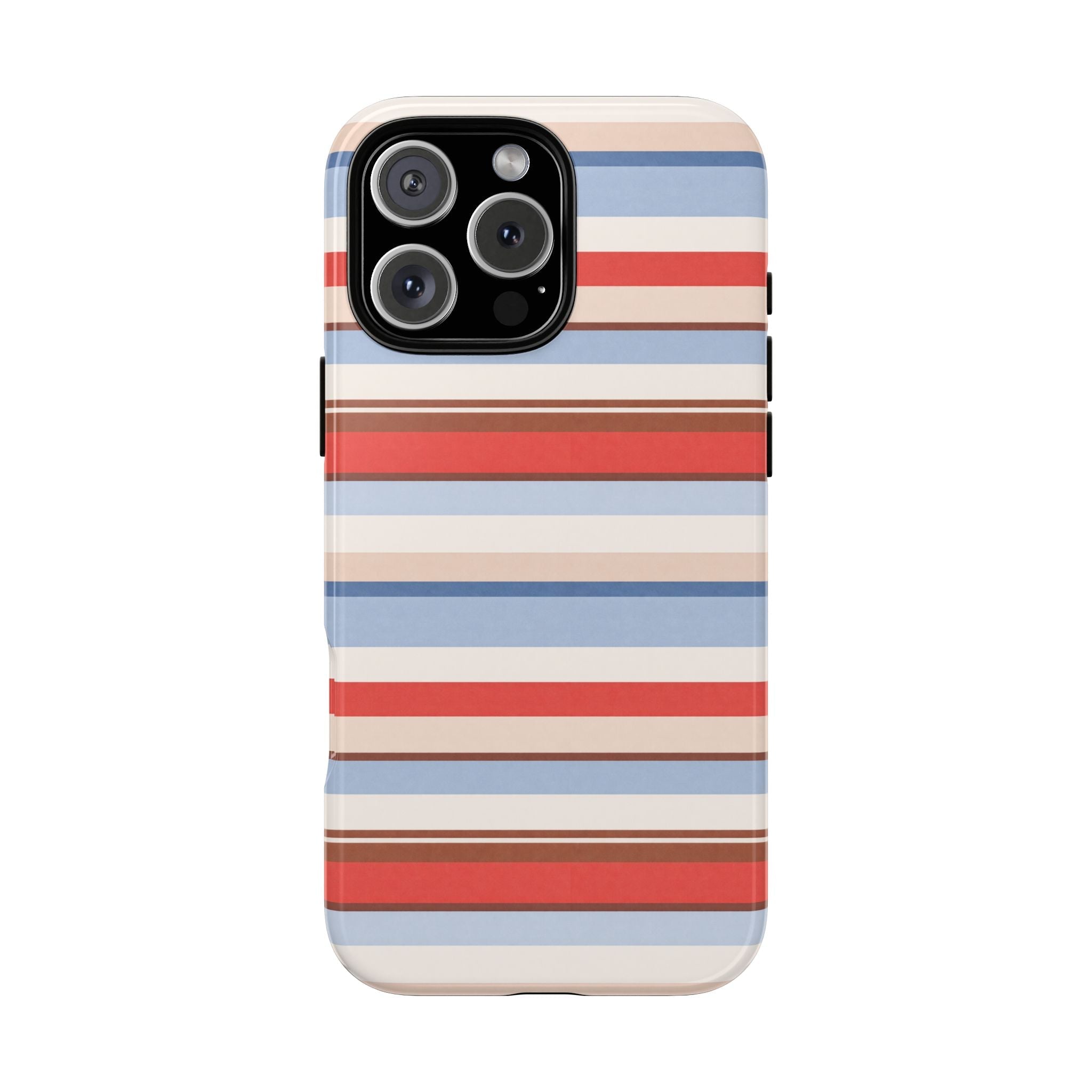 Red, blue, and cream striped phone case with horizontal Cape Cod pattern