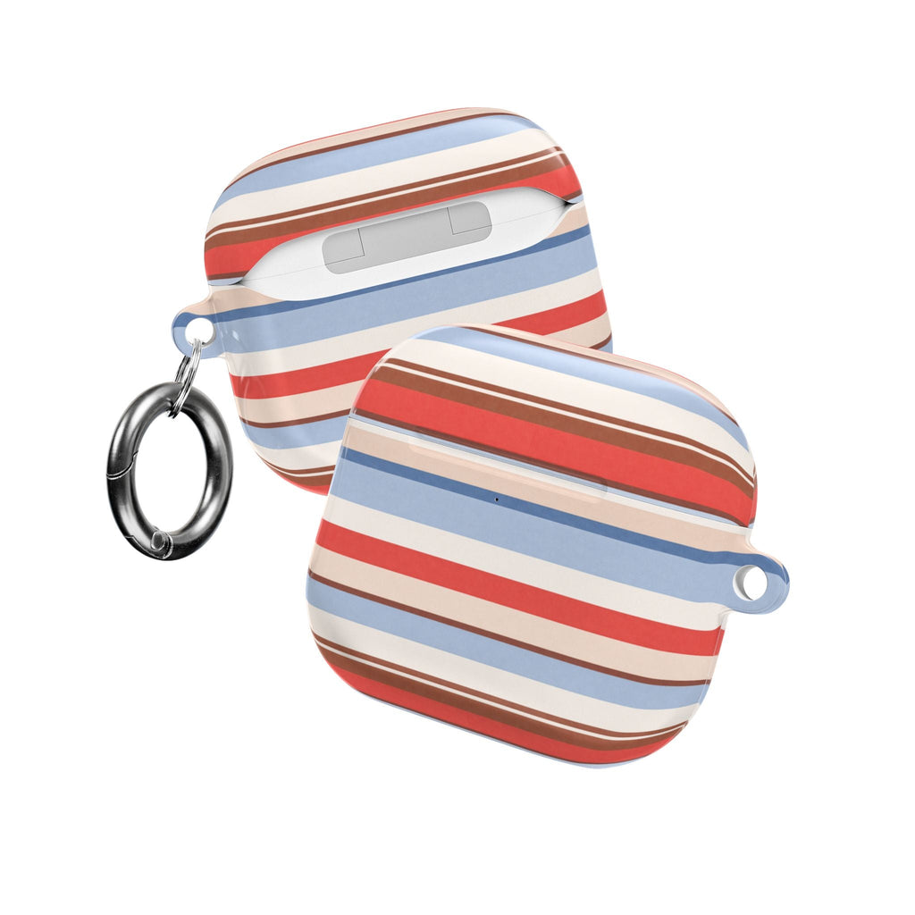 AirPods case with blue, red, and beige striped design and metal key ring tabs