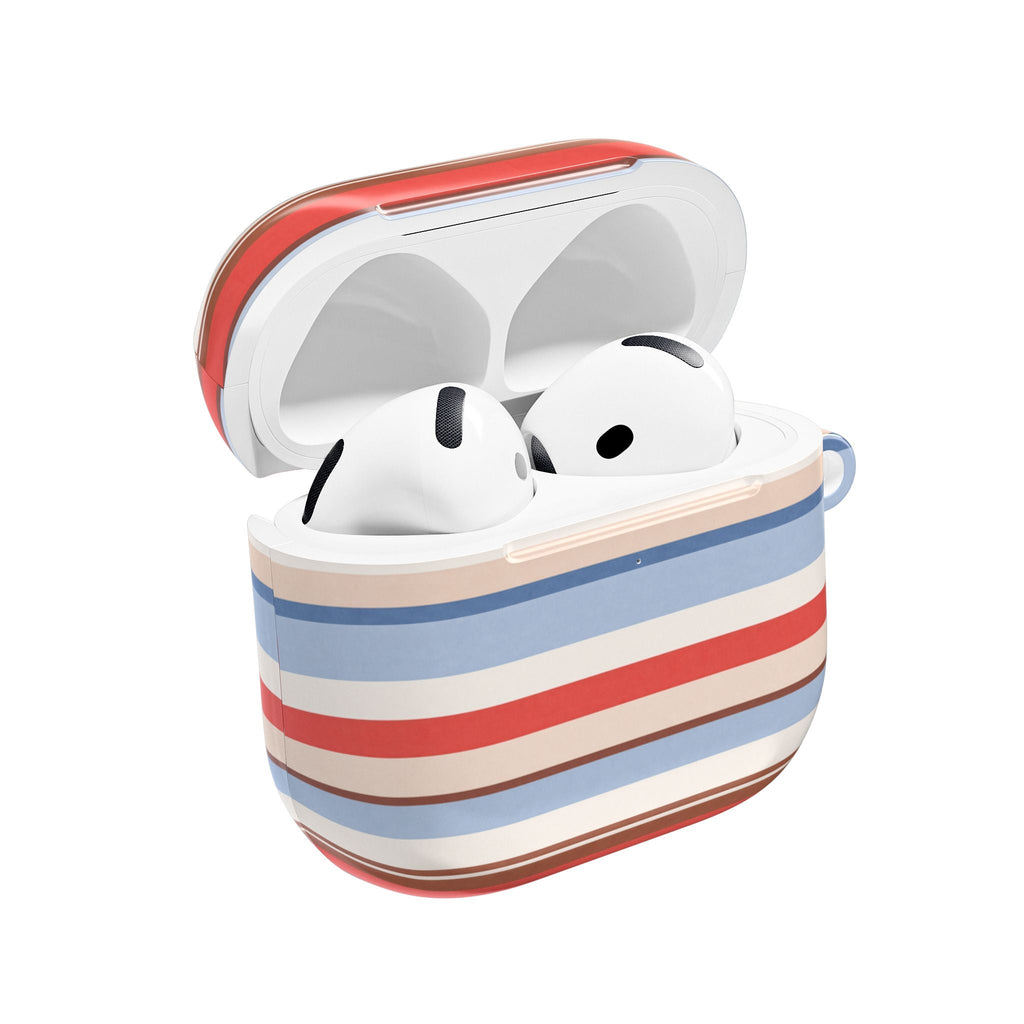 AirPods case with open lid, blue/red/beige stripes, and white earbuds inside