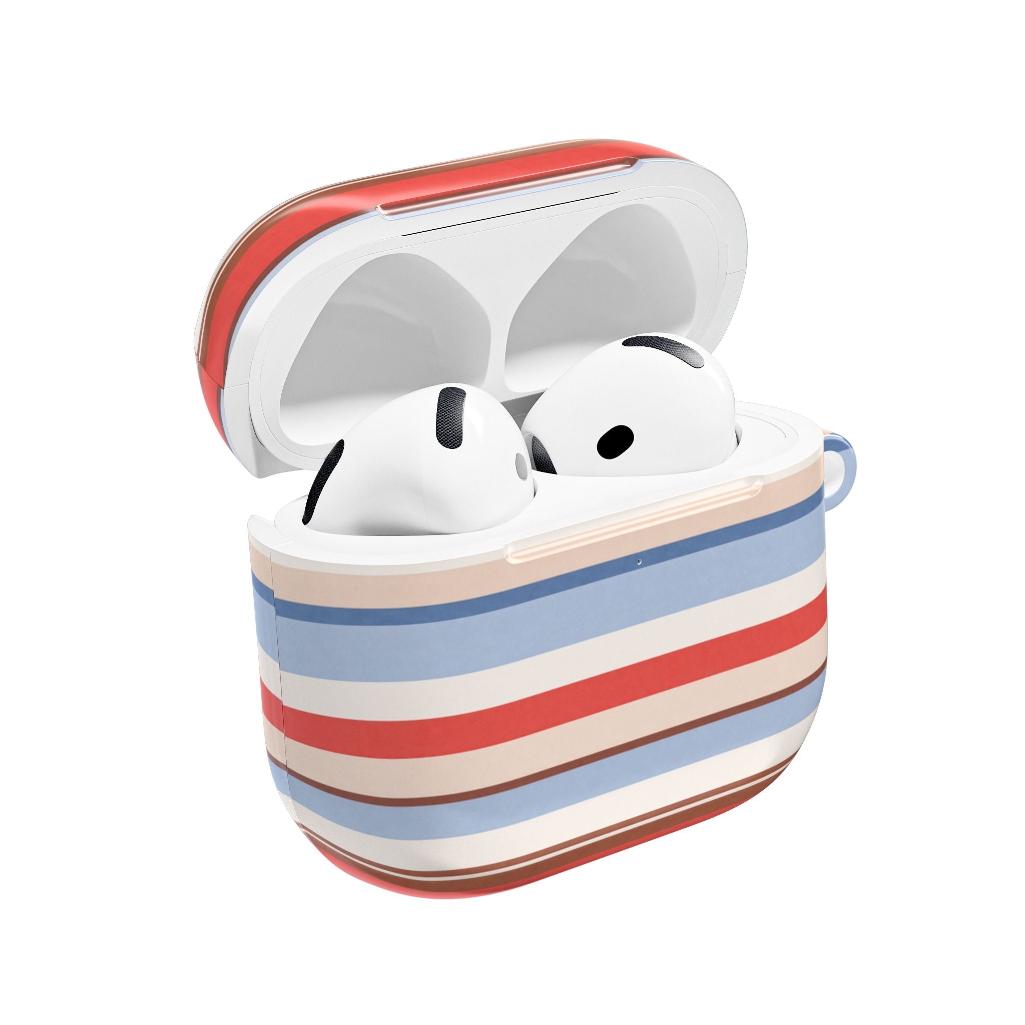 AirPods case with open lid, blue/red/beige stripes, and white earbuds inside