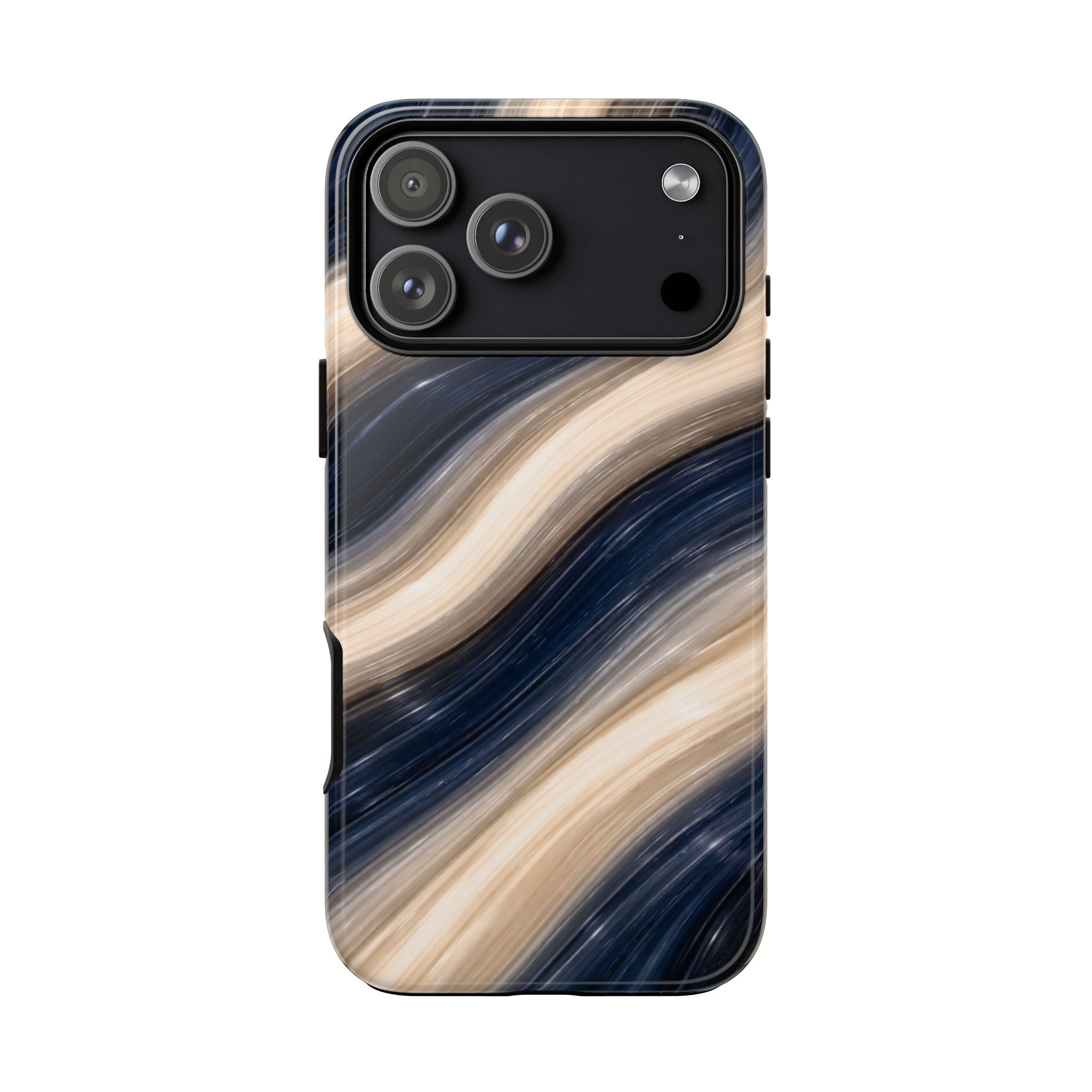 Blue and cream wave swirl phone case with raised camera bezel and side button openings